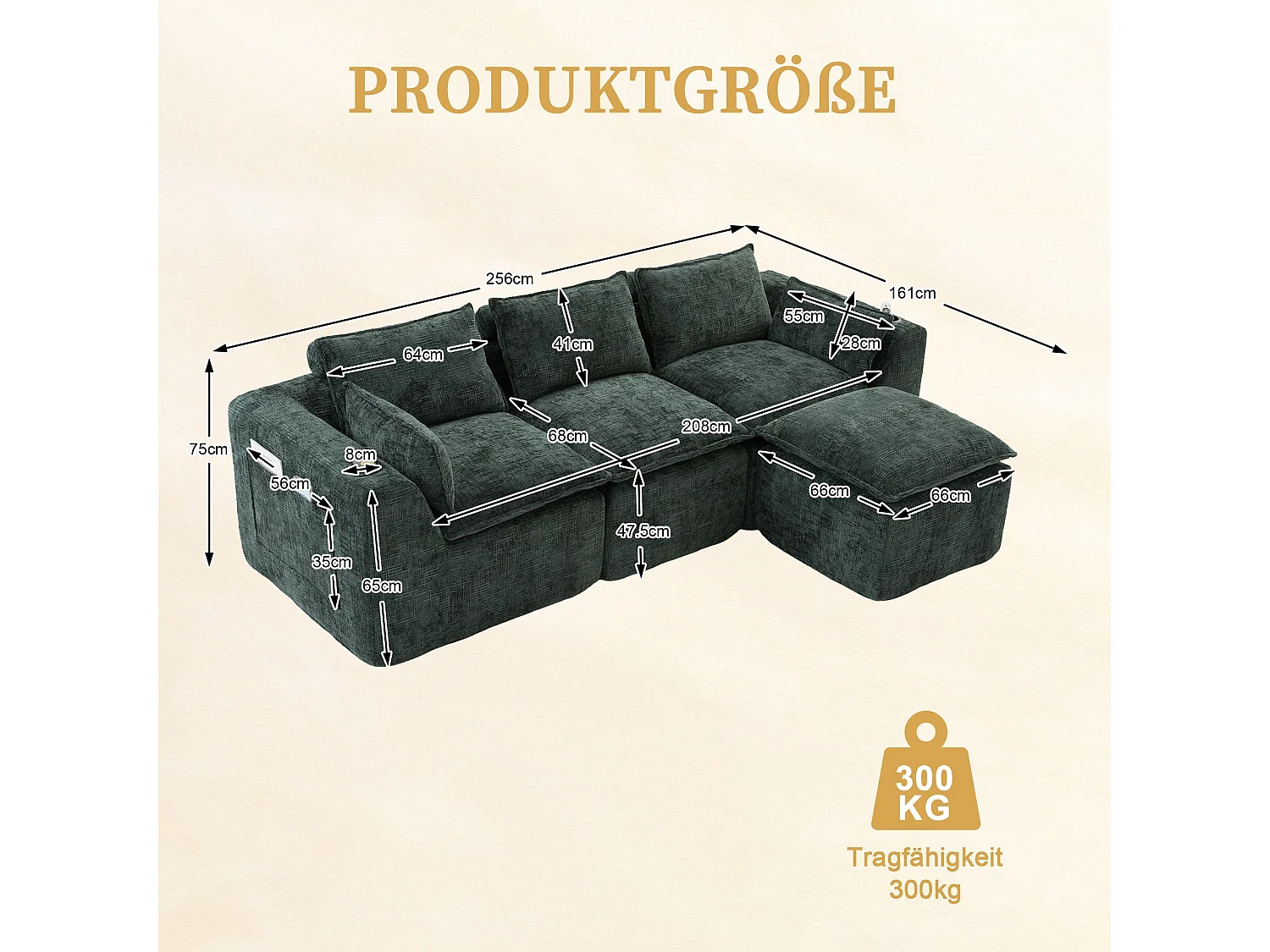 Canapé modulable 3 places avec pouf, tissu chenille vert foncé