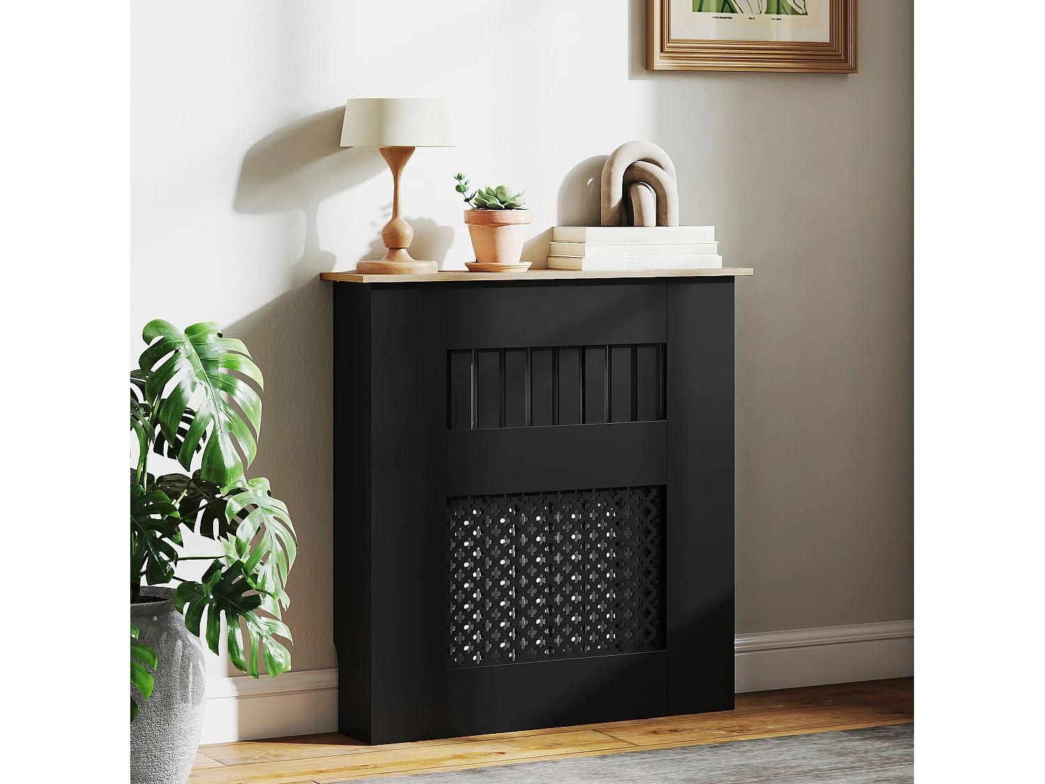 Cache-radiateur design motif étoile dim. 68 x 64 x 80 cm effet bois noir