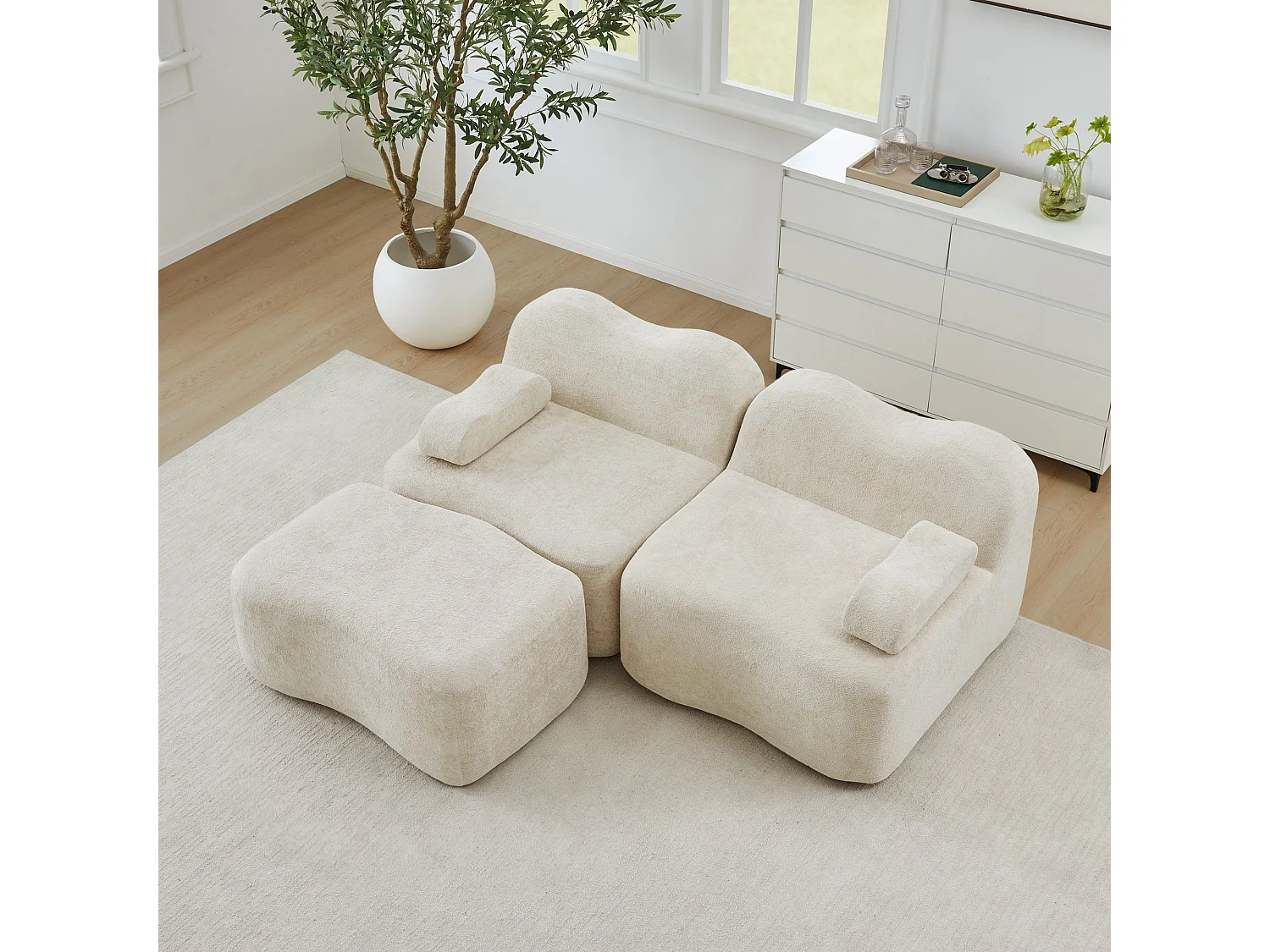 Canapé d'angle modulaire 2 places en velours beige avec pouf