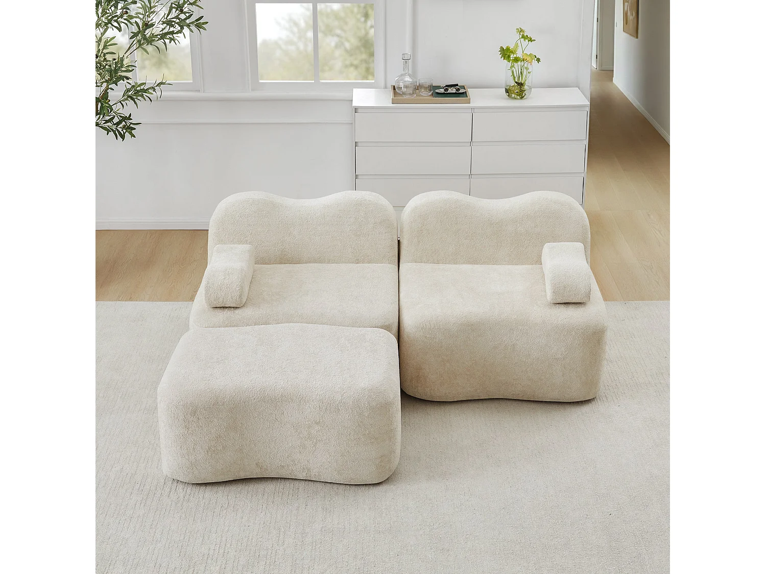 Canapé d'angle modulaire 2 places en velours beige avec pouf
