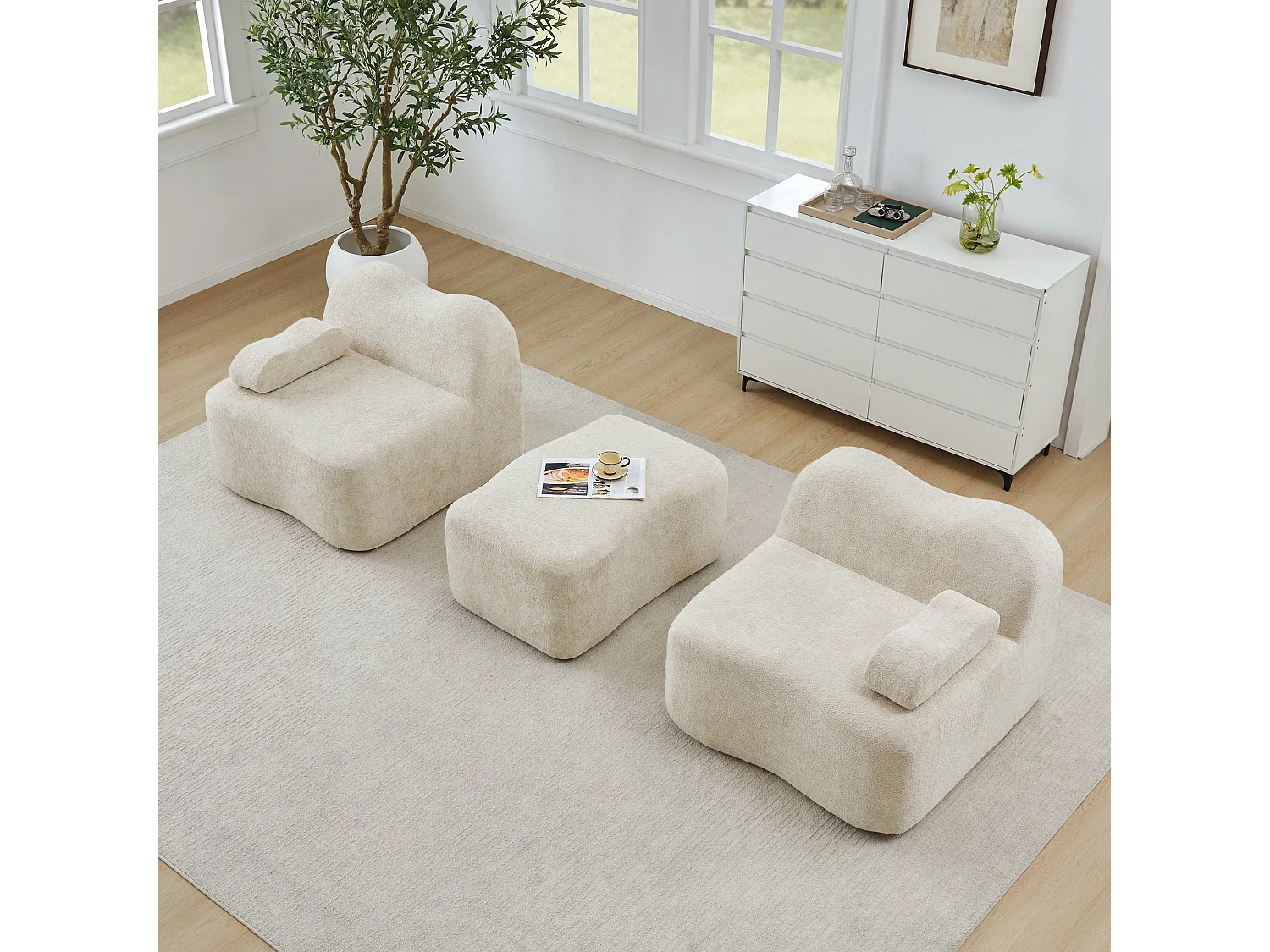 Canapé d'angle modulaire 2 places en velours beige avec pouf