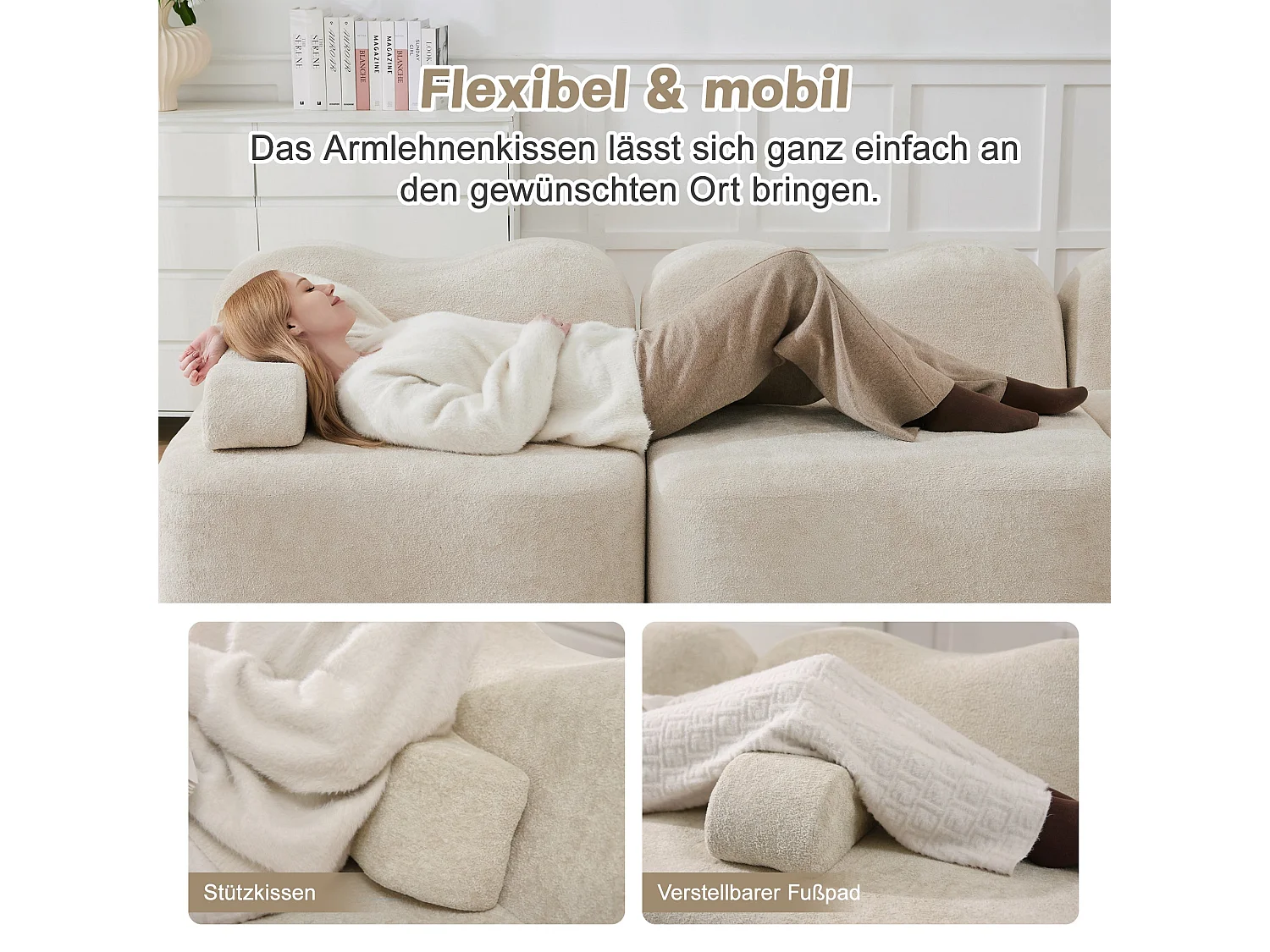Canapé d'angle modulaire 2 places en velours beige avec pouf
