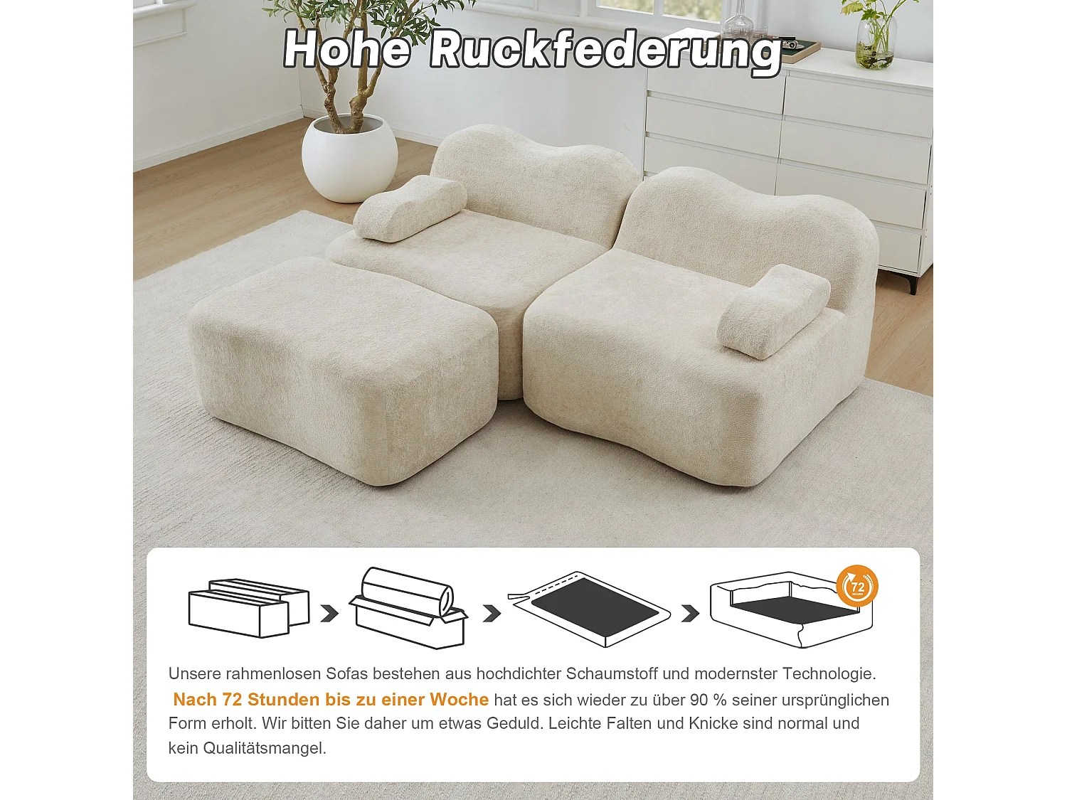 Canapé d'angle modulaire 2 places en velours beige avec pouf