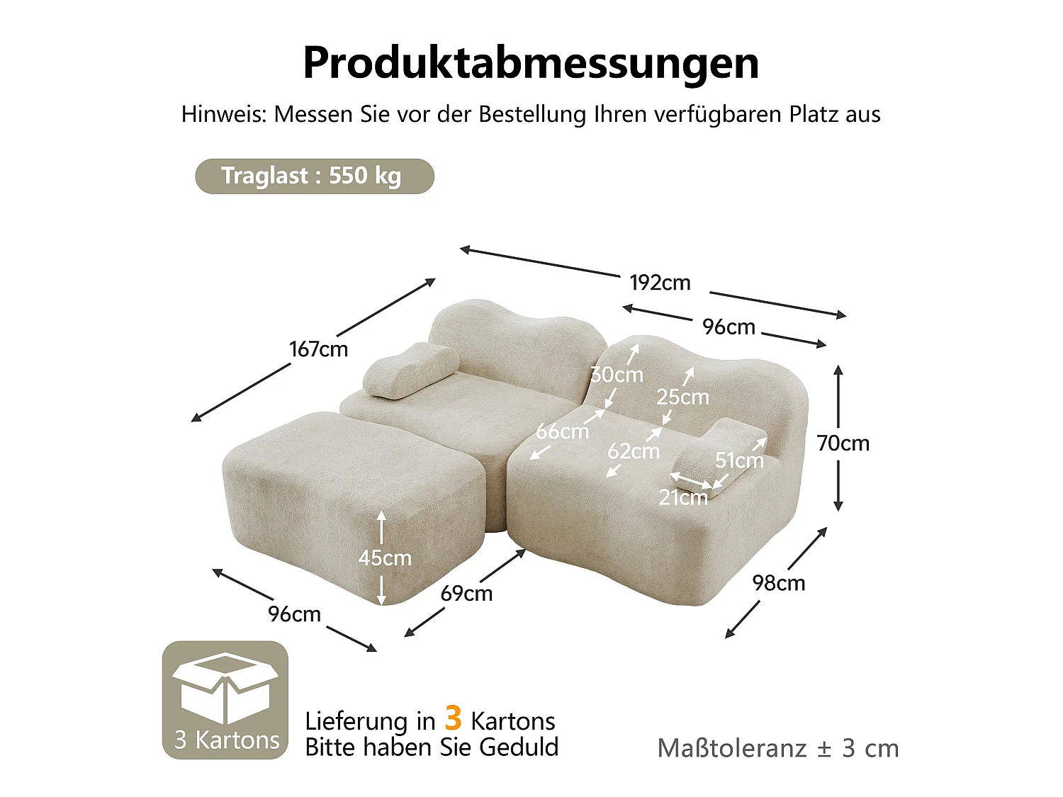 Canapé d'angle modulaire 2 places en velours beige avec pouf