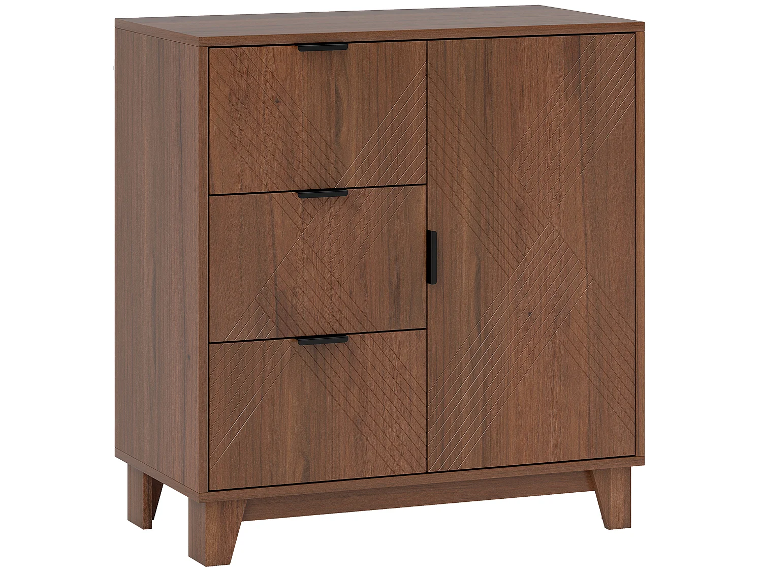 Buffet design graphique effet bois foncé noyer 3 tiroirs porte étagère dim. 75 x 39 x 80 cm
