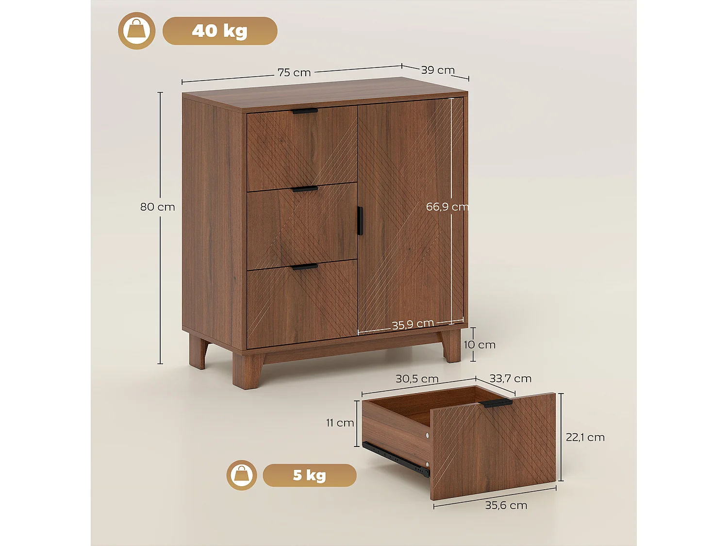 Buffet design graphique effet bois foncé noyer 3 tiroirs porte étagère dim. 75 x 39 x 80 cm