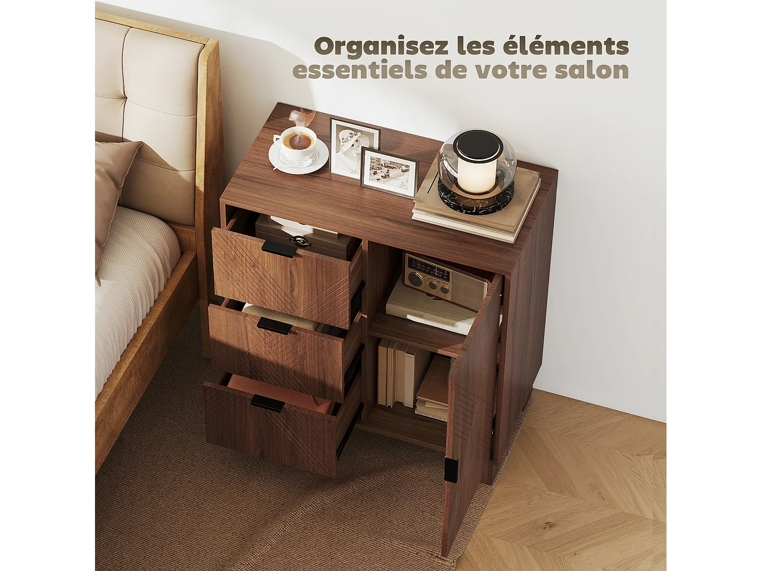 Buffet design graphique effet bois foncé noyer 3 tiroirs porte étagère dim. 75 x 39 x 80 cm