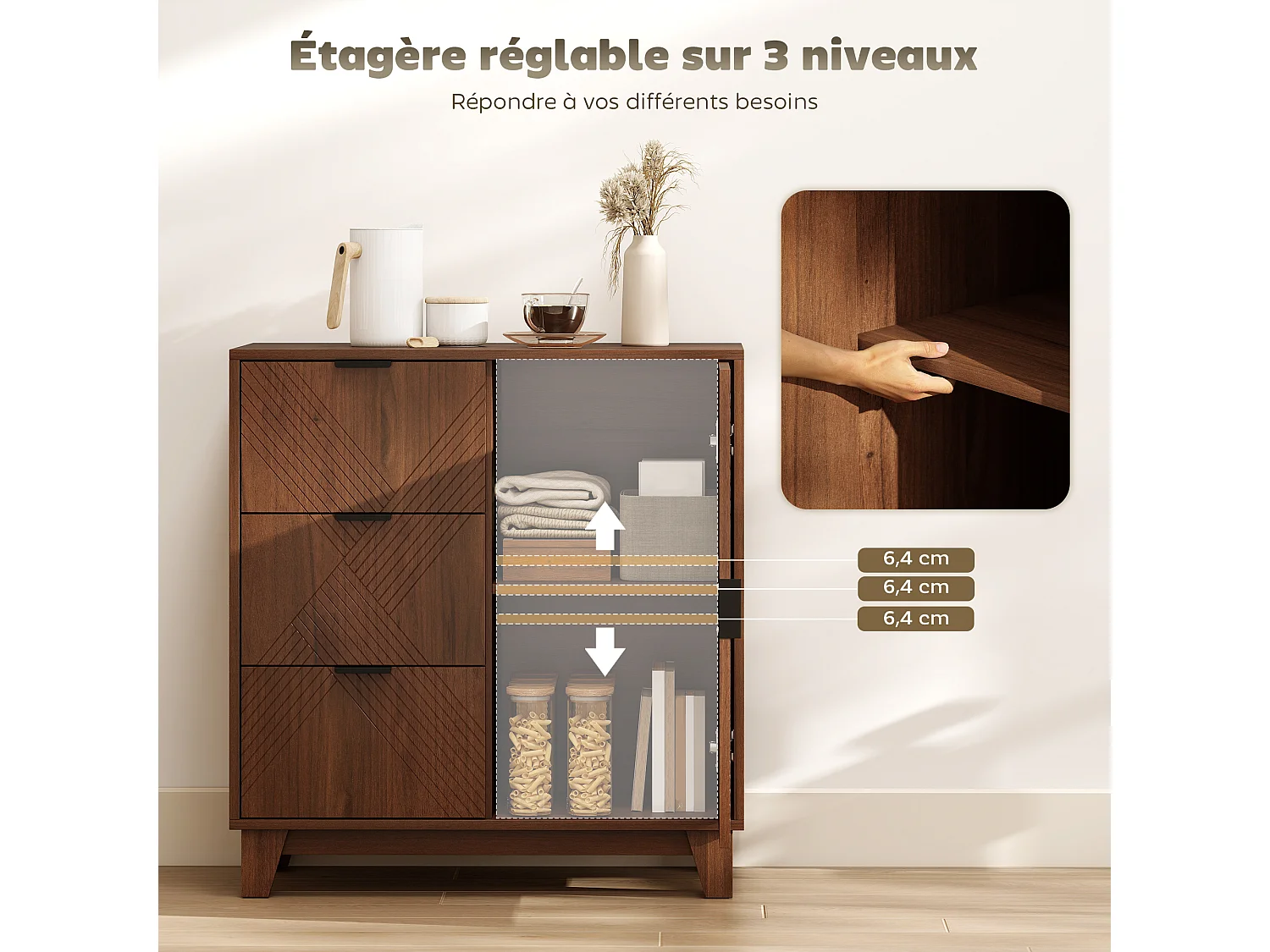 Buffet design graphique effet bois foncé noyer 3 tiroirs porte étagère dim. 75 x 39 x 80 cm