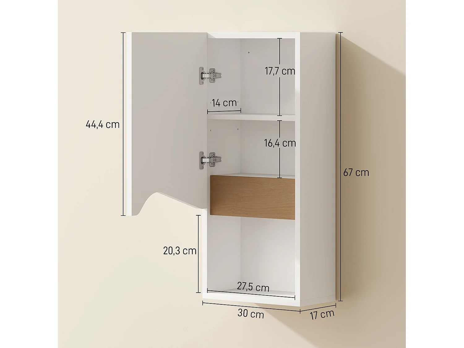 Armoire murale salle de bain design porte asymétrique étagère niche naturel blanc