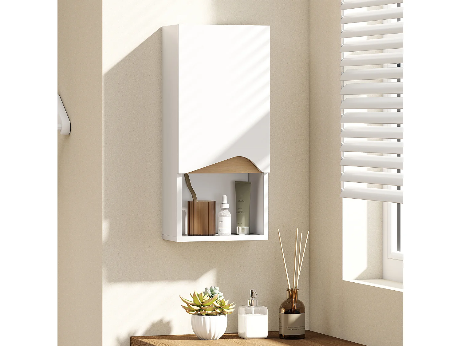 Armoire murale salle de bain design porte asymétrique étagère niche naturel blanc