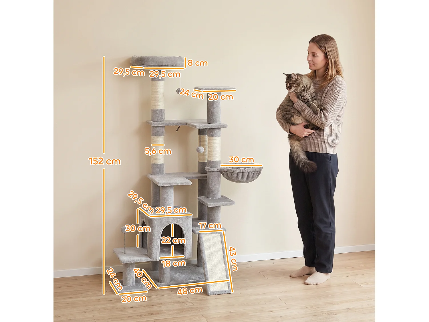 Arbre à chat 5 niv. H.152 cm multi-équipé gris clair