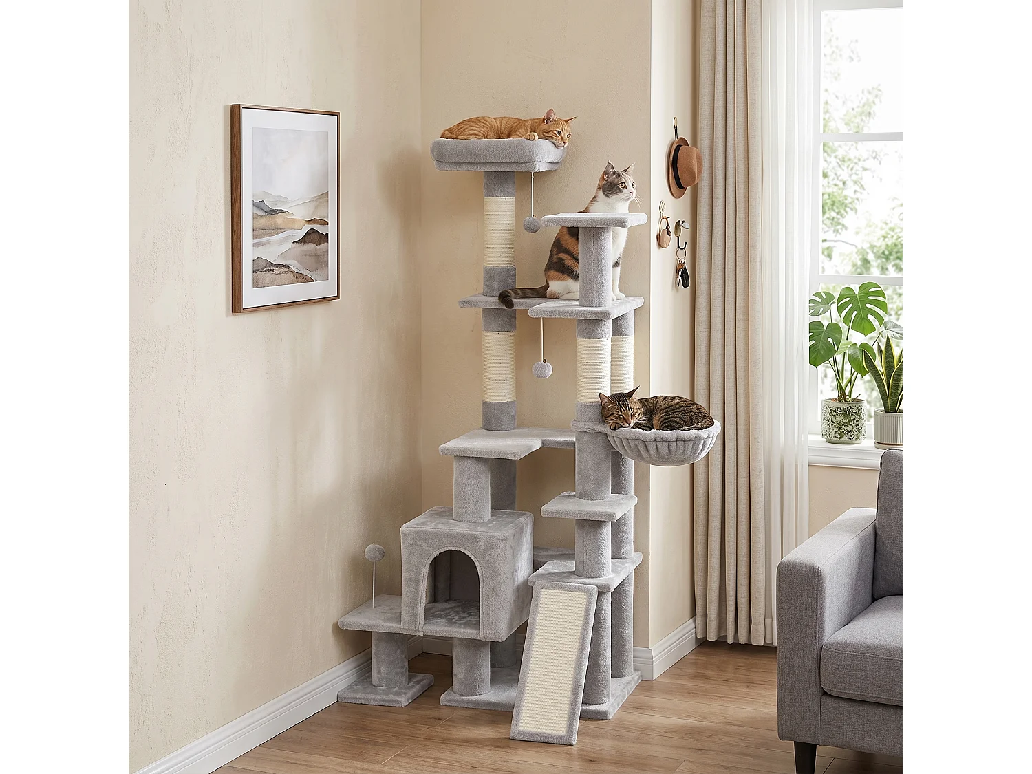 Arbre à chat 5 niv. H.152 cm multi-équipé gris clair