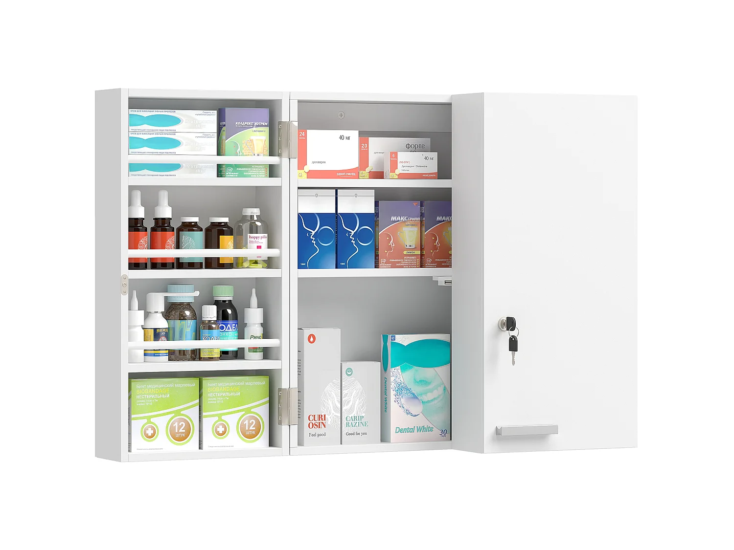Armoire à pharmacie 4 étagères double porte verrouillable MDF blanc