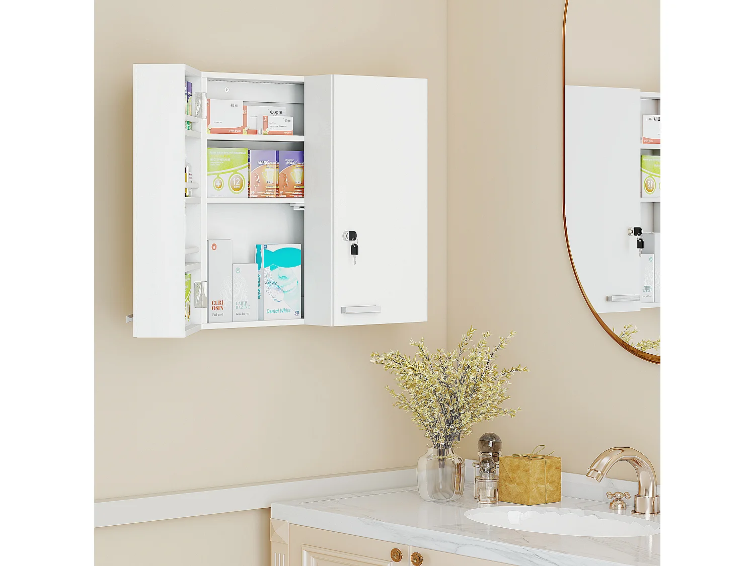 Armoire à pharmacie 4 étagères double porte verrouillable MDF blanc