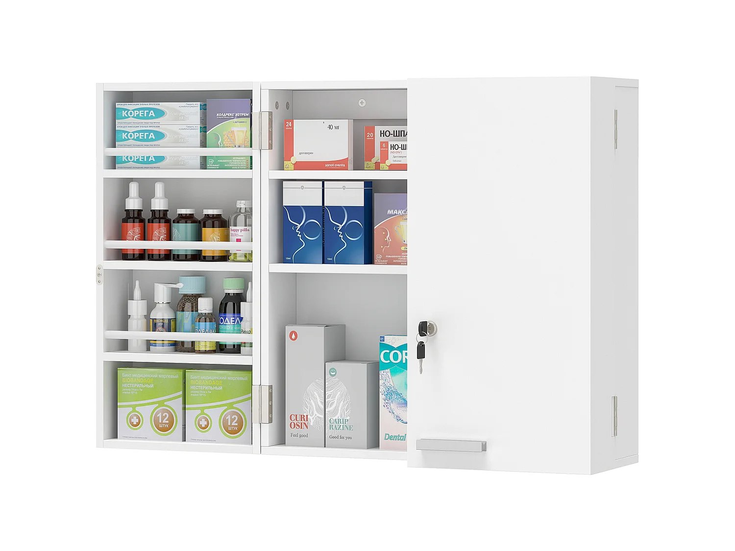 Armoire à pharmacie 4 étagères double porte verrouillable MDF blanc