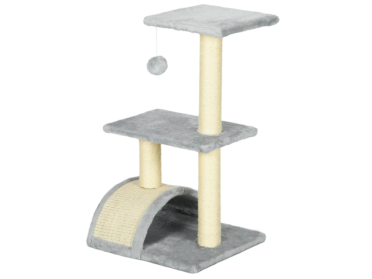 Arbre à chat griffoir grattoir design jeu boule suspendue 2 plateformes peluche sisal naturel gris clair