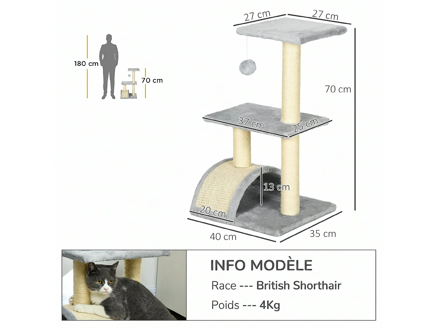 Arbre à chat griffoir grattoir design jeu boule suspendue 2 plateformes peluche sisal naturel gris clair