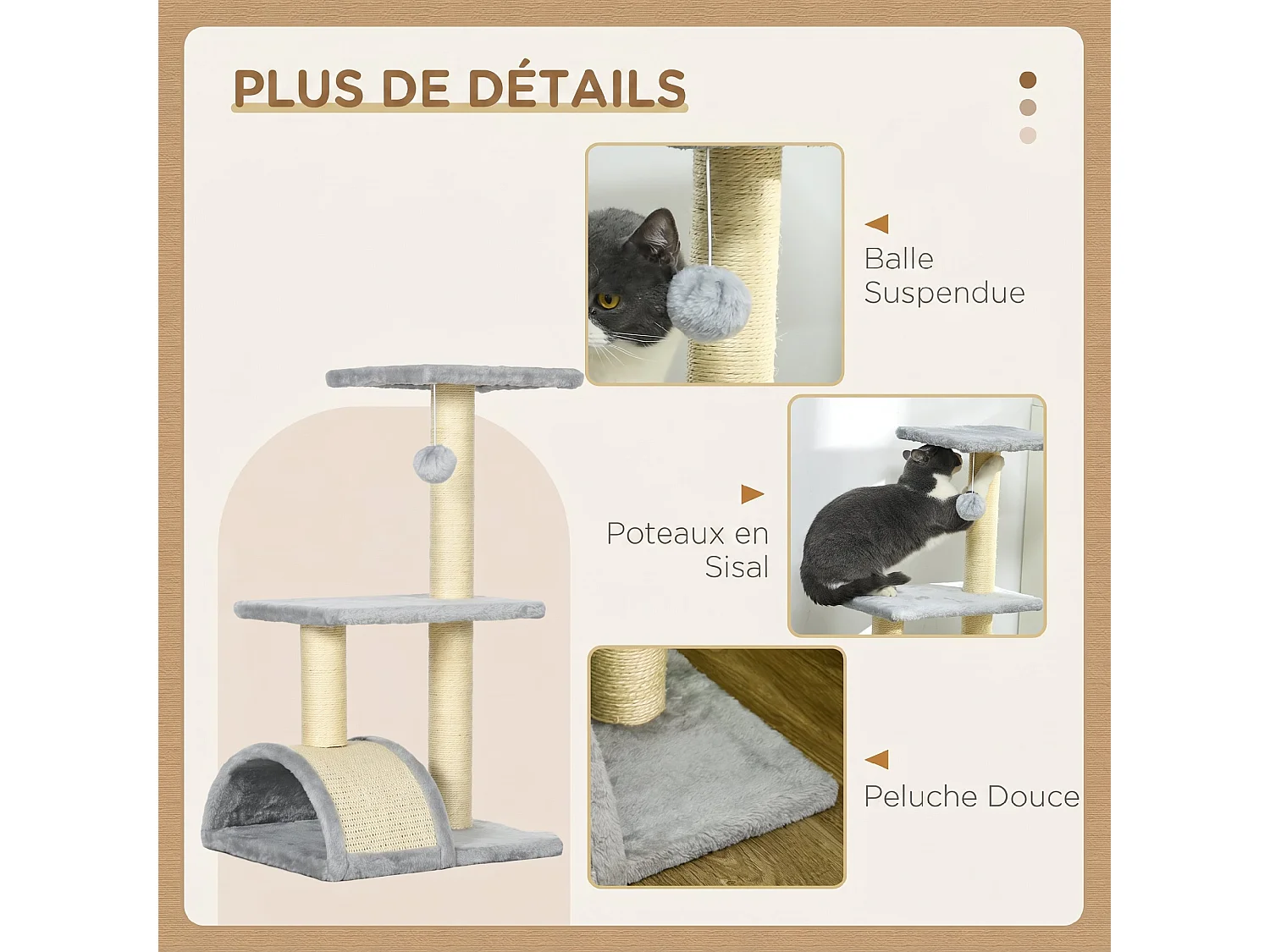 Arbre à chat griffoir grattoir design jeu boule suspendue 2 plateformes peluche sisal naturel gris clair
