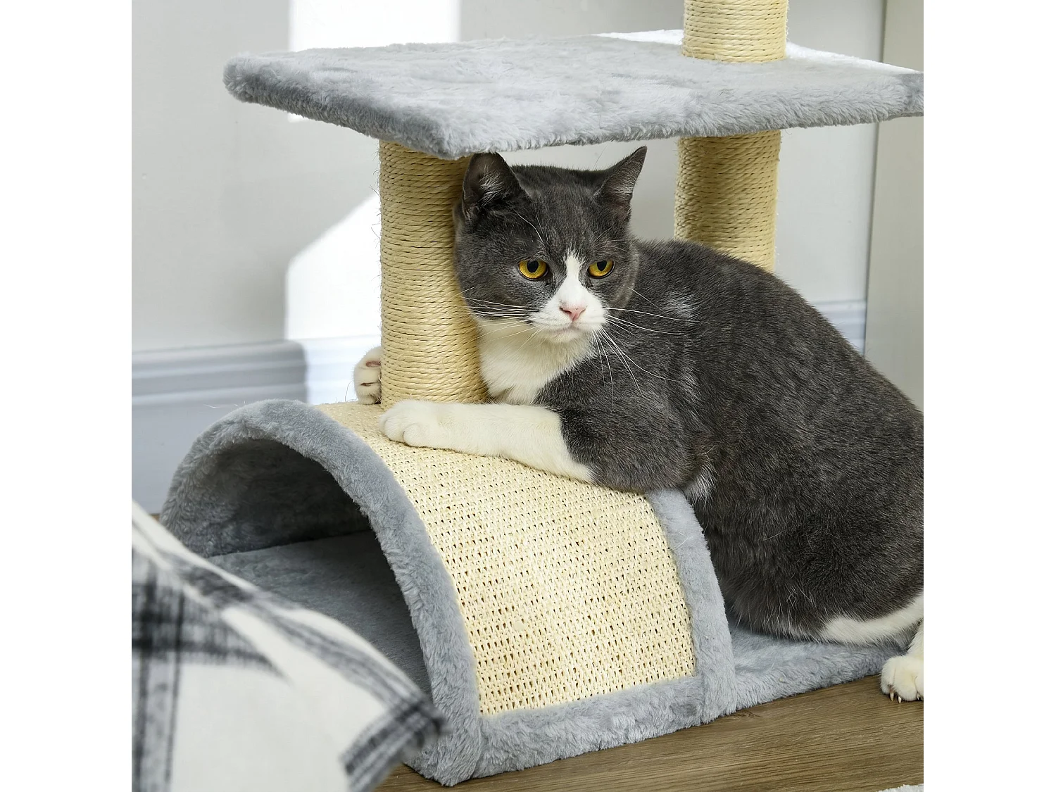 Arbre à chat griffoir grattoir design jeu boule suspendue 2 plateformes peluche sisal naturel gris clair