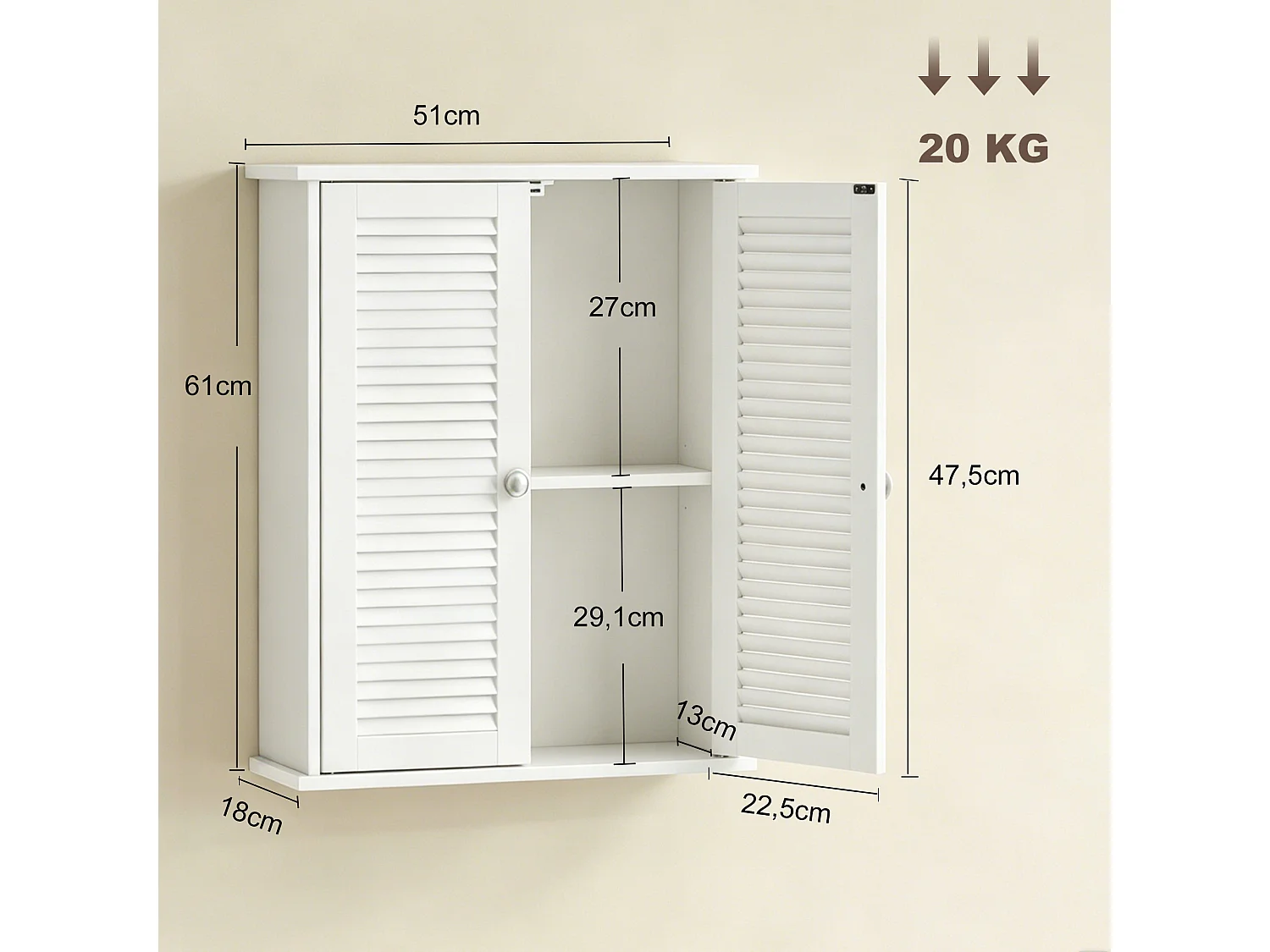Armoire murale salle de bain 2 portes persiennes étagère blanc