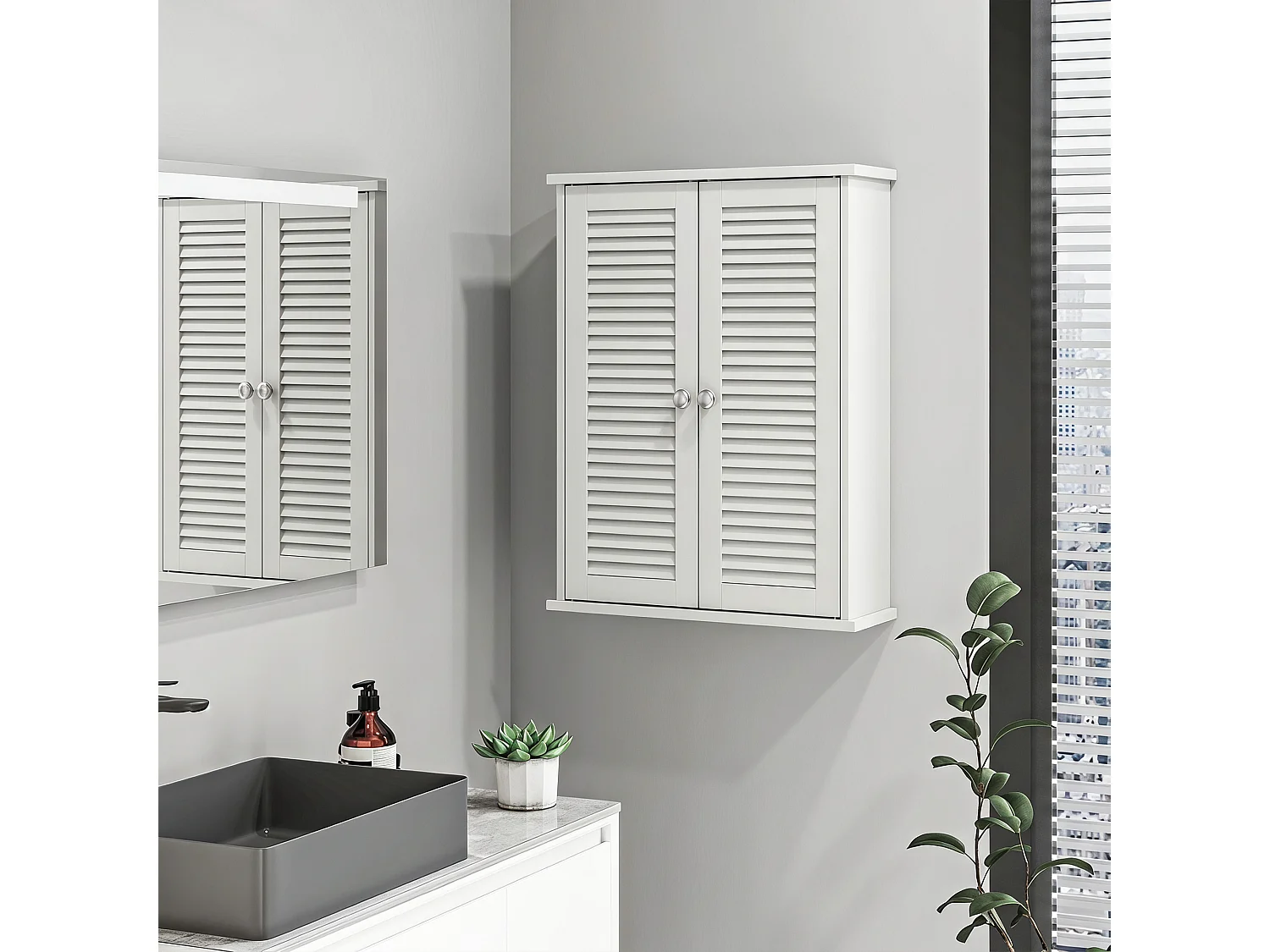 Armoire murale salle de bain 2 portes persiennes étagère blanc