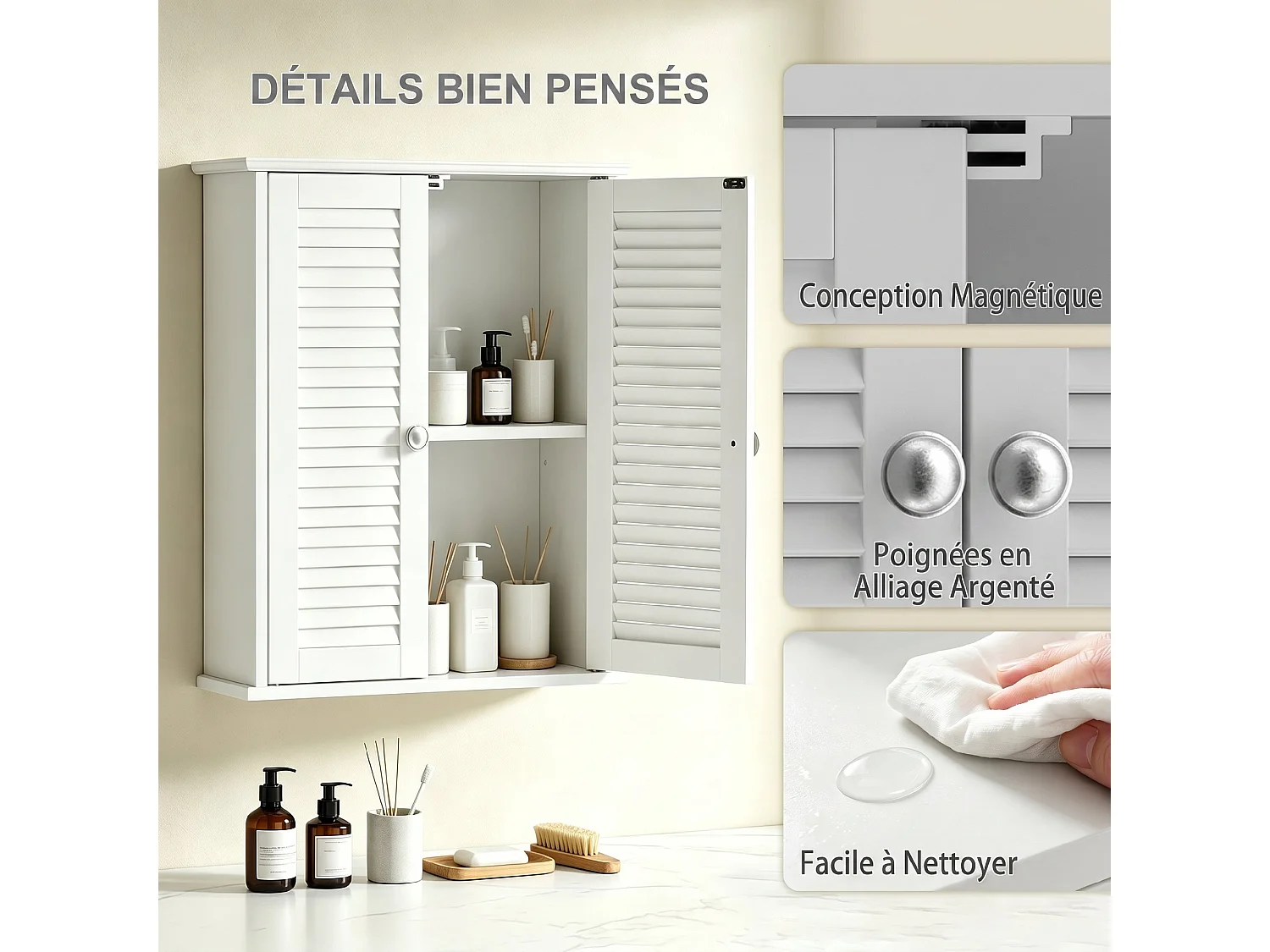 Armoire murale salle de bain 2 portes persiennes étagère blanc
