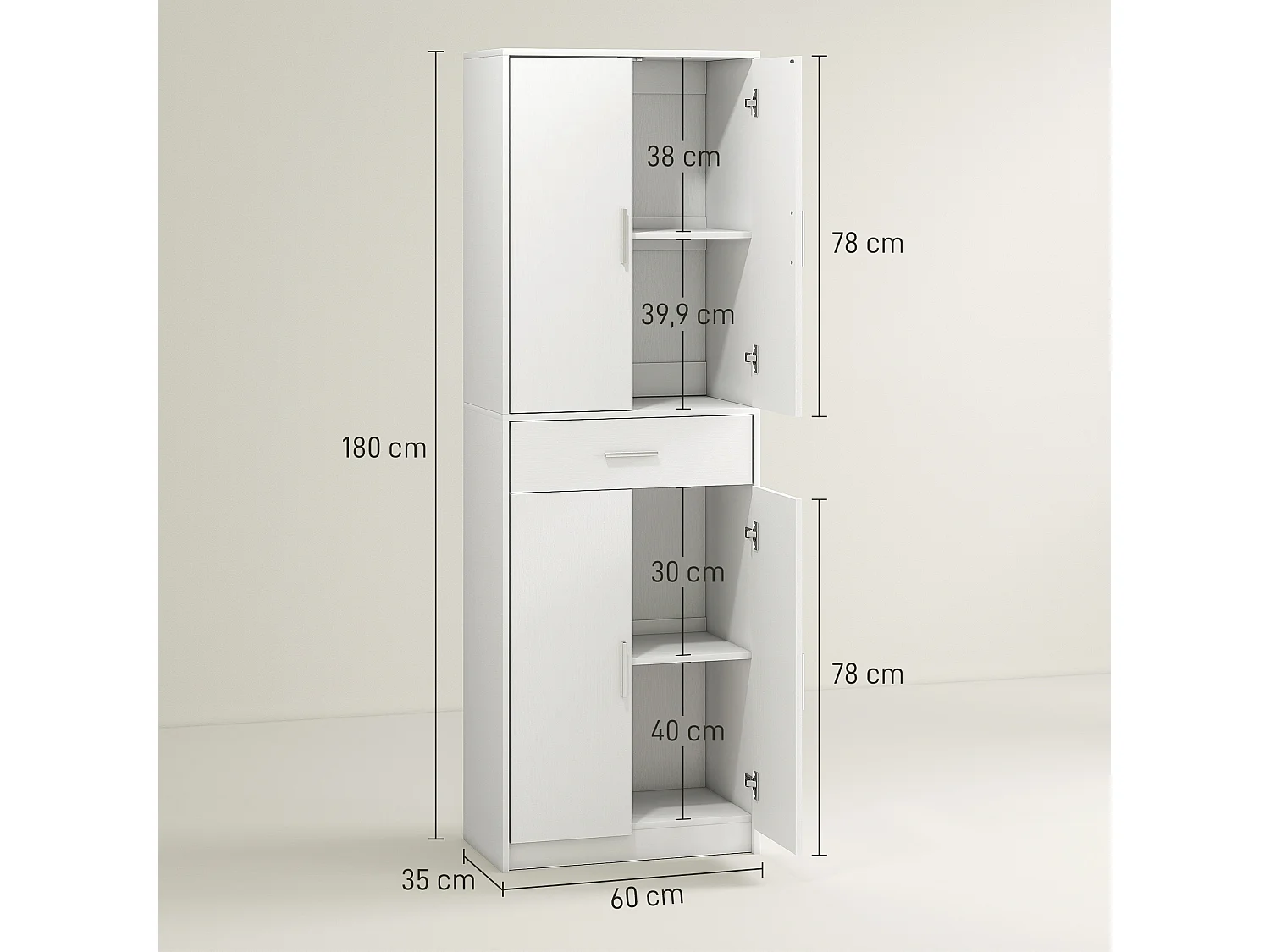 Armoire de cuisine multi-rangement - 4 portes, 2 étagères, tiroir - dim. 60 x 35 x 180 cm - effet bois blanc