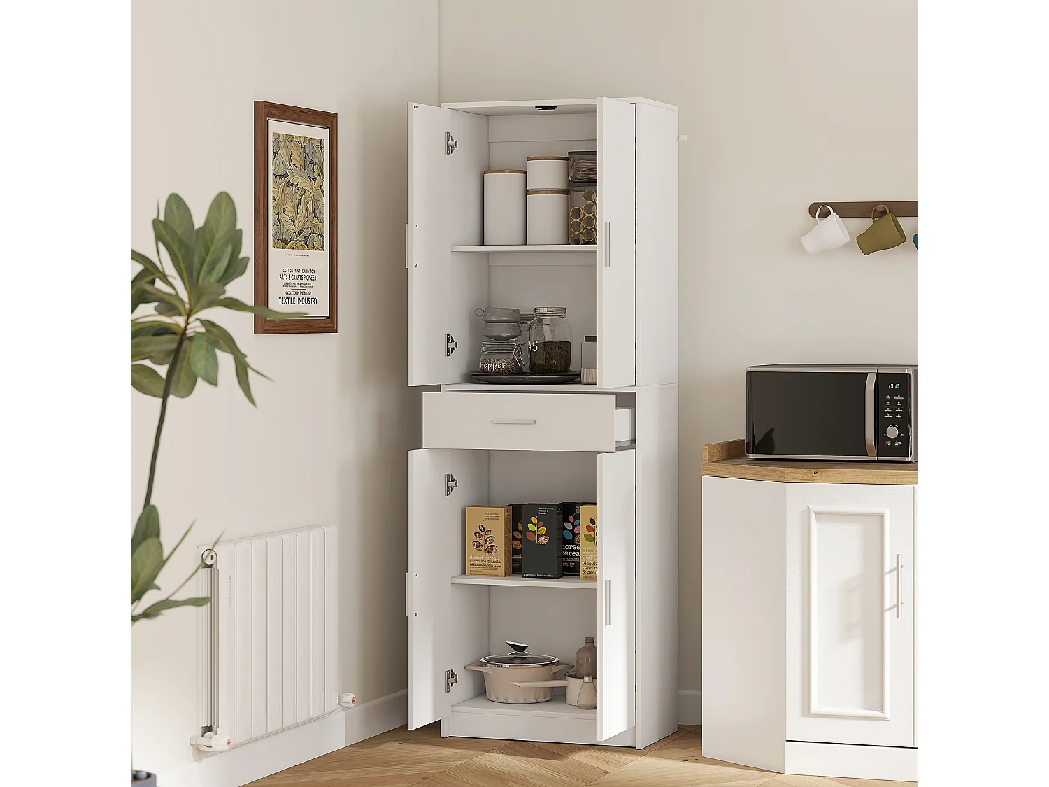 Armoire de cuisine multi-rangement - 4 portes, 2 étagères, tiroir - dim. 60 x 35 x 180 cm - effet bois blanc
