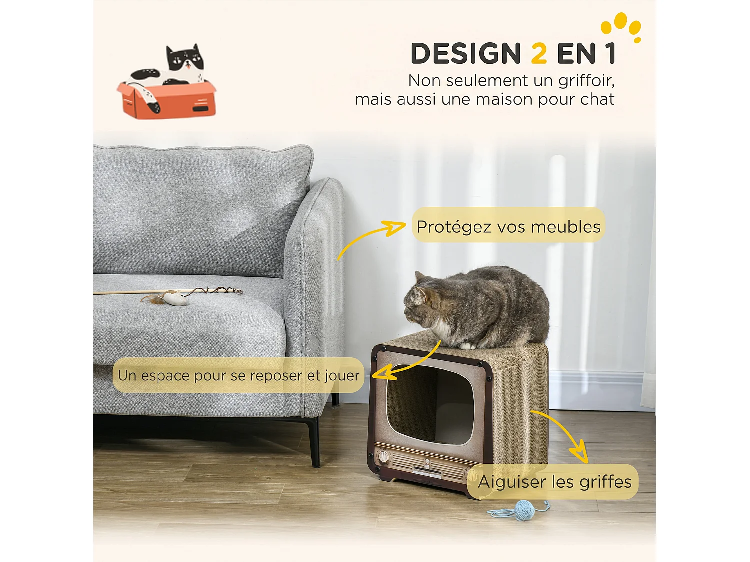 Grattoir niche chat 2 en 1 design télévision vintage 39 x 29 x 37 cm marron