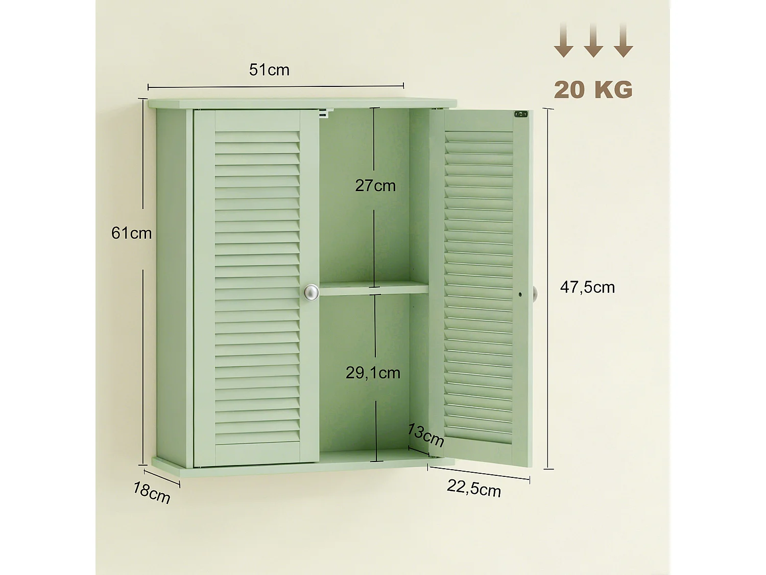 Armoire murale salle de bain 2 portes persiennes étagère vert clair
