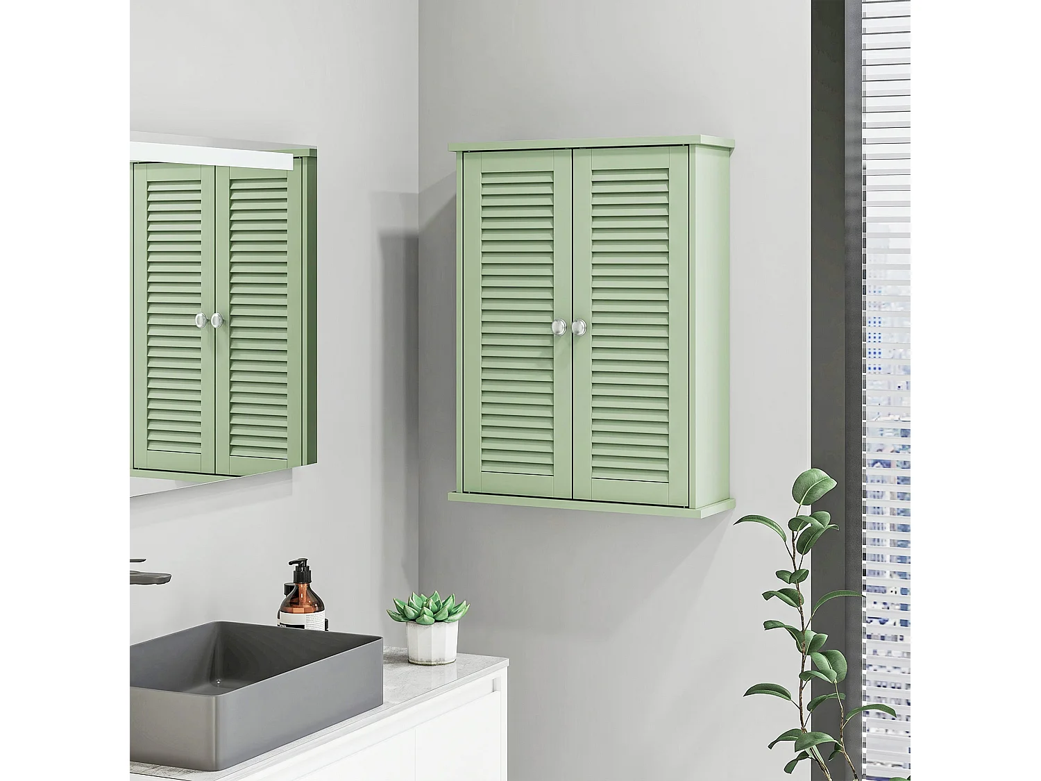 Armoire murale salle de bain 2 portes persiennes étagère vert clair