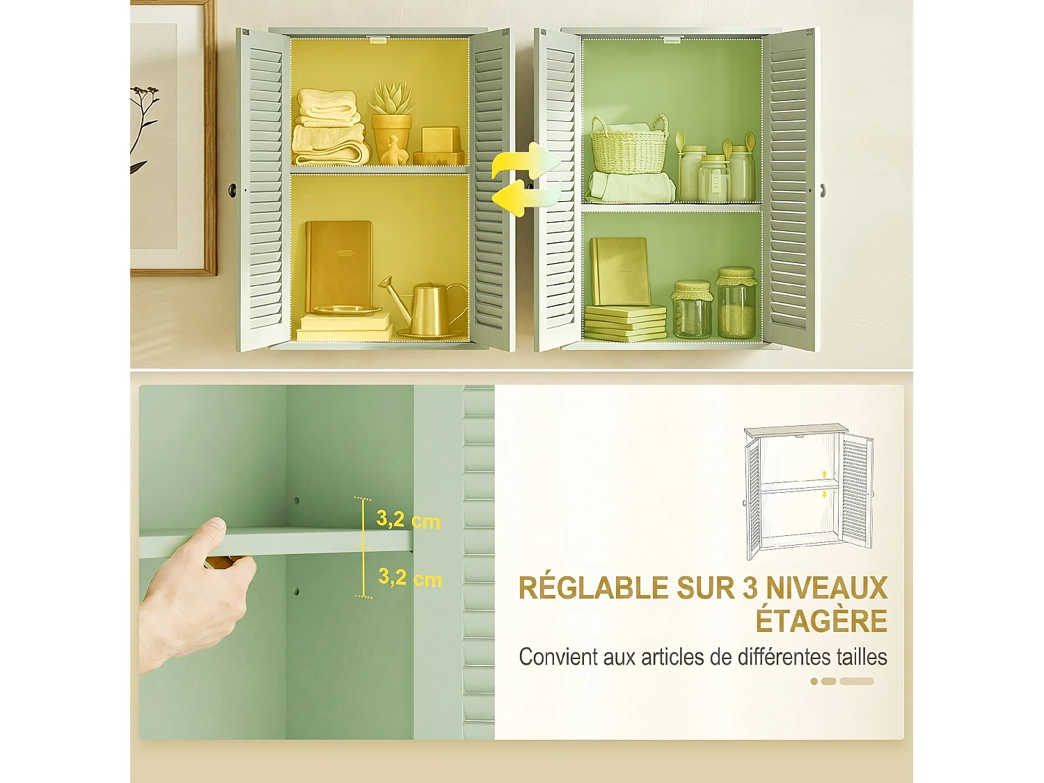 Armoire murale salle de bain 2 portes persiennes étagère vert clair