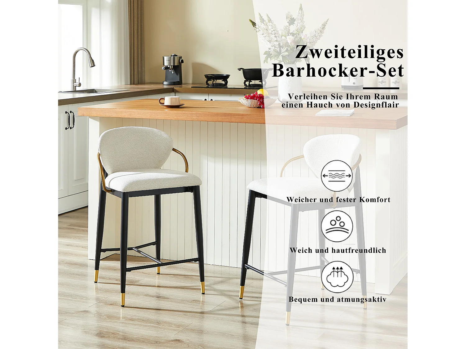 Lot de 2 tabourets de bar en chenille beige accents dorés