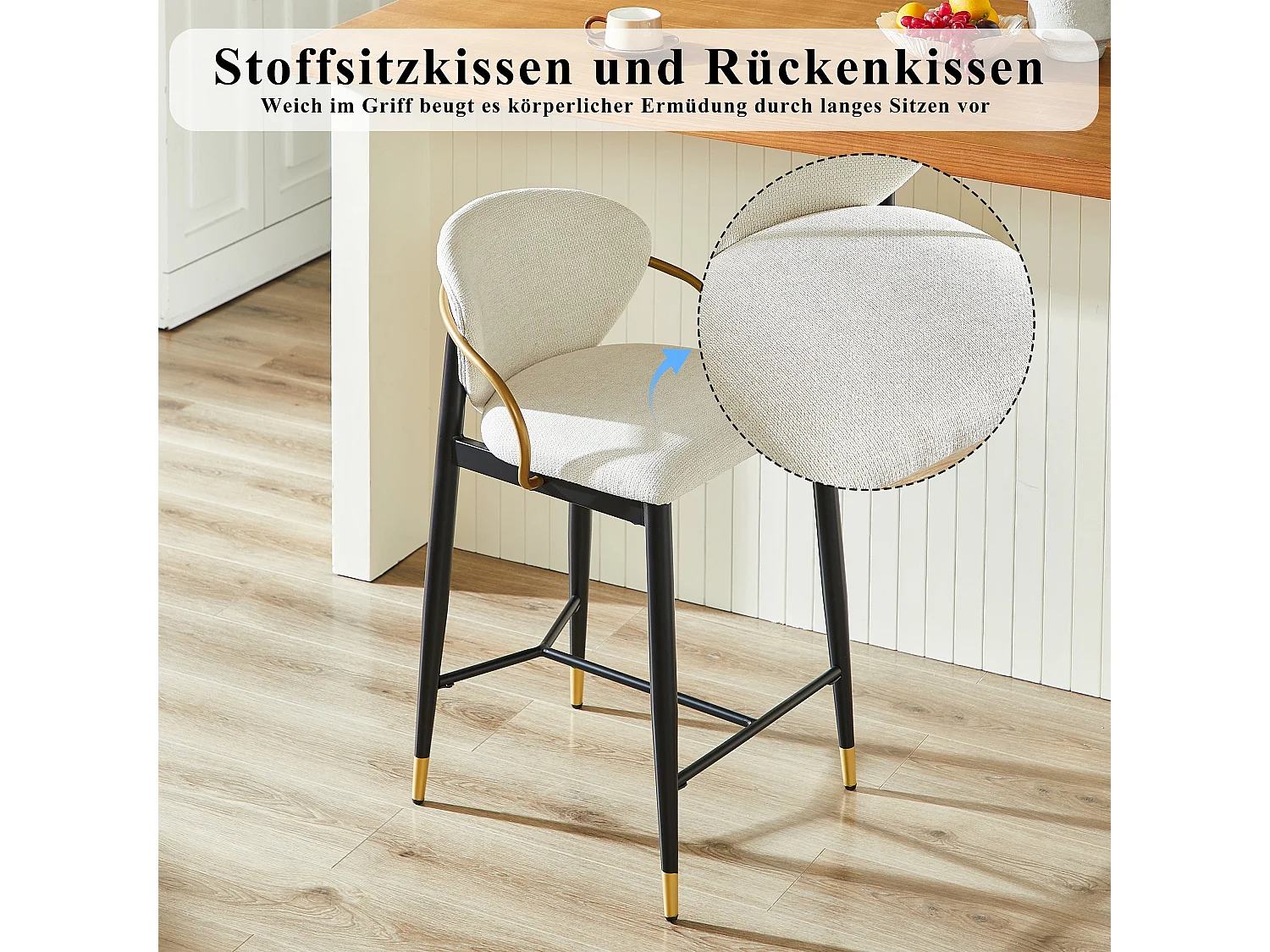 Lot de 2 tabourets de bar en chenille beige accents dorés