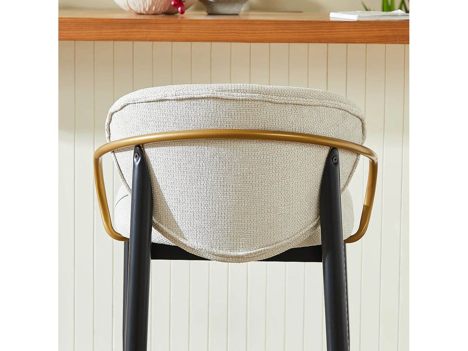 Lot de 2 tabourets de bar en chenille beige accents dorés