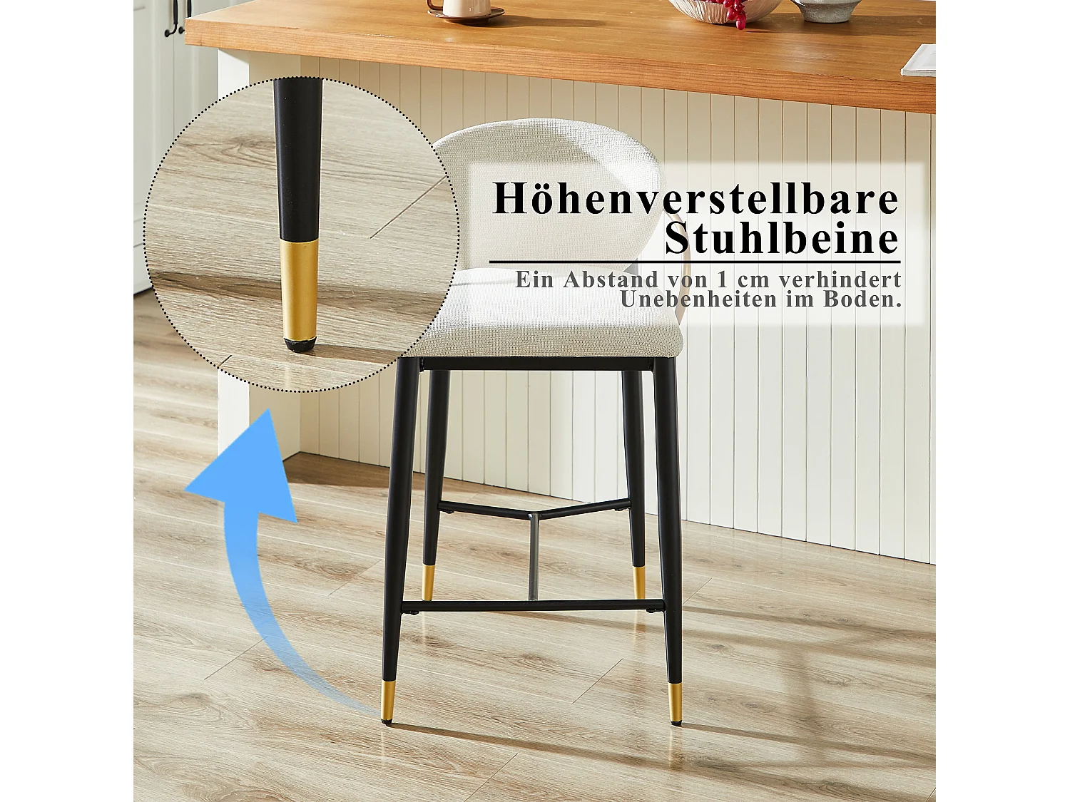 Lot de 2 tabourets de bar en chenille beige accents dorés