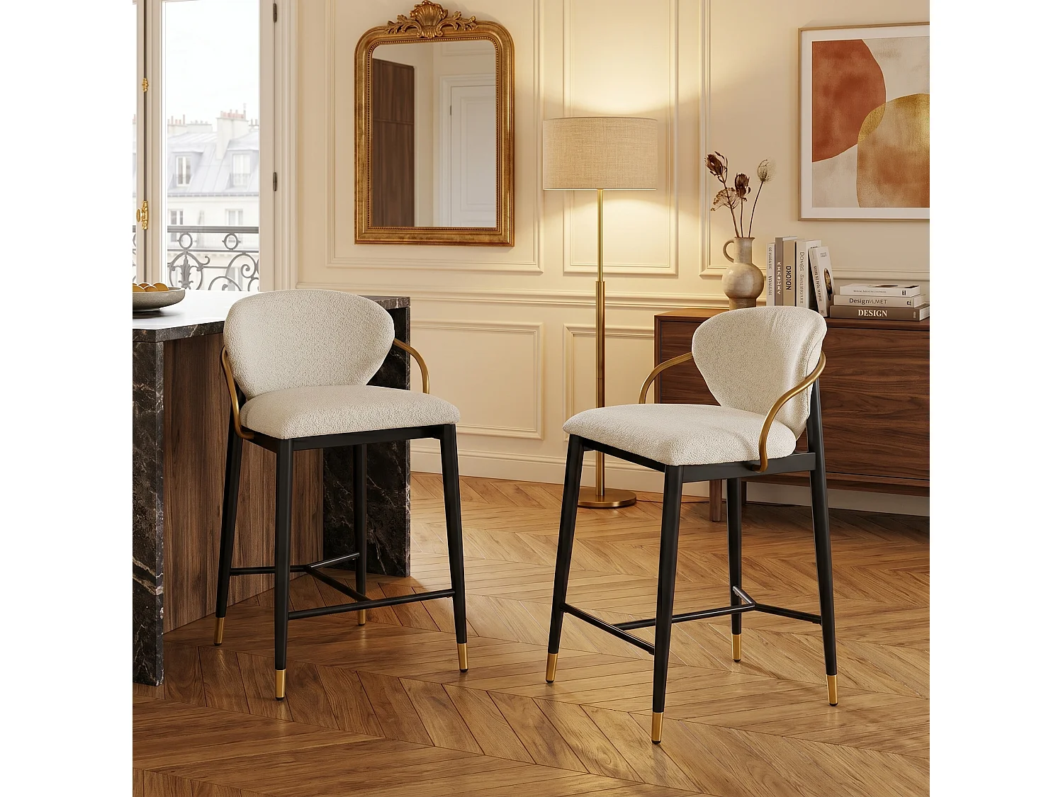 Lot de 2 tabourets de bar en chenille beige accents dorés
