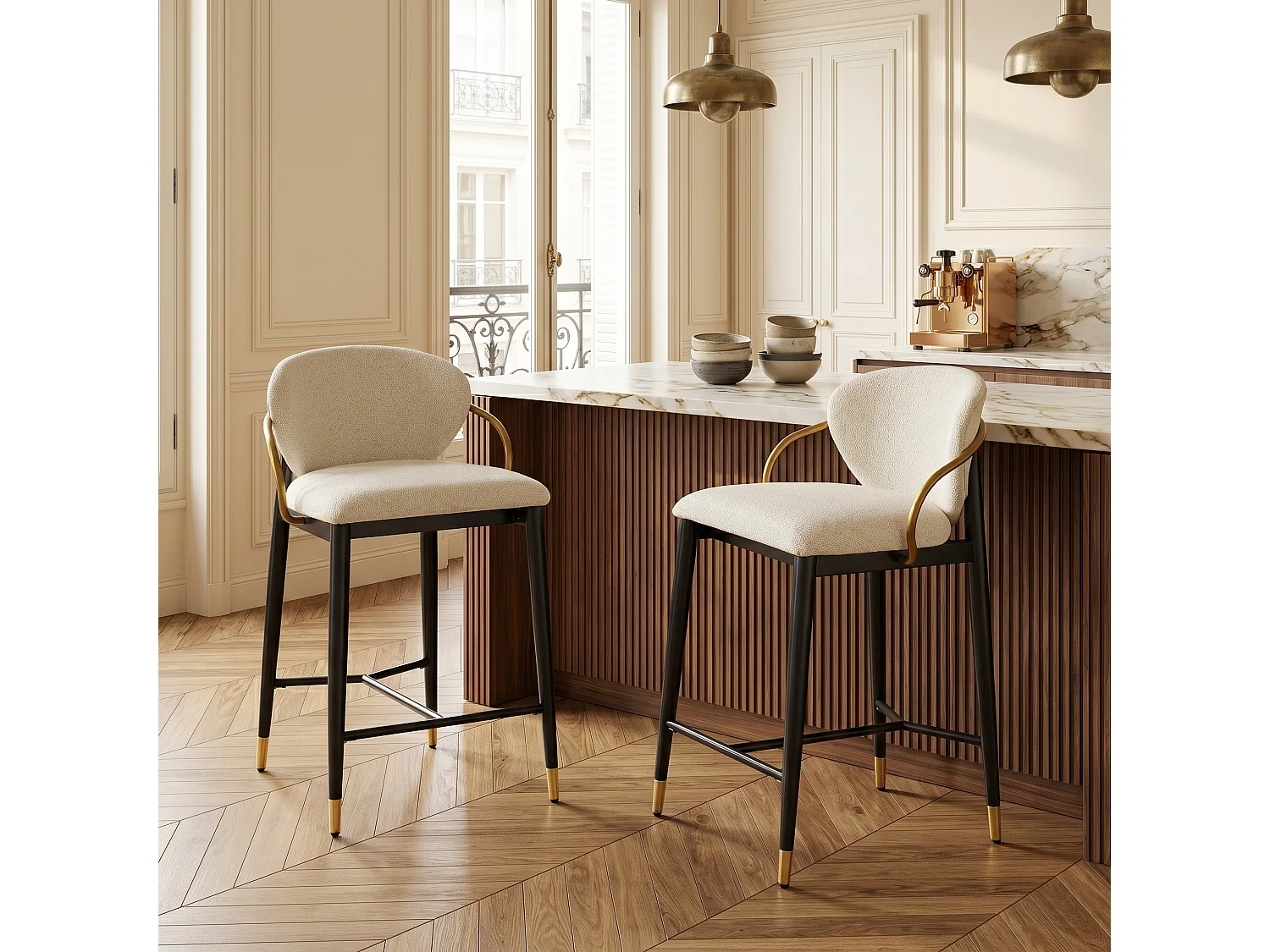Lot de 2 tabourets de bar en chenille beige accents dorés