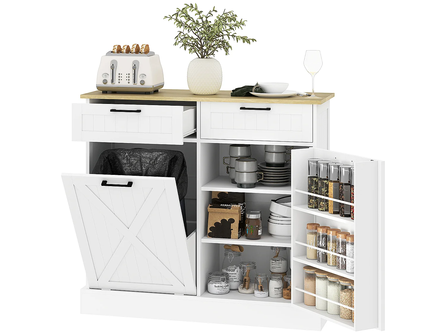 Buffet cuisine meuble poubelle 38L - porte, 2 étagères, 2 tiroirs, porte-épices - blanc effet bois clair