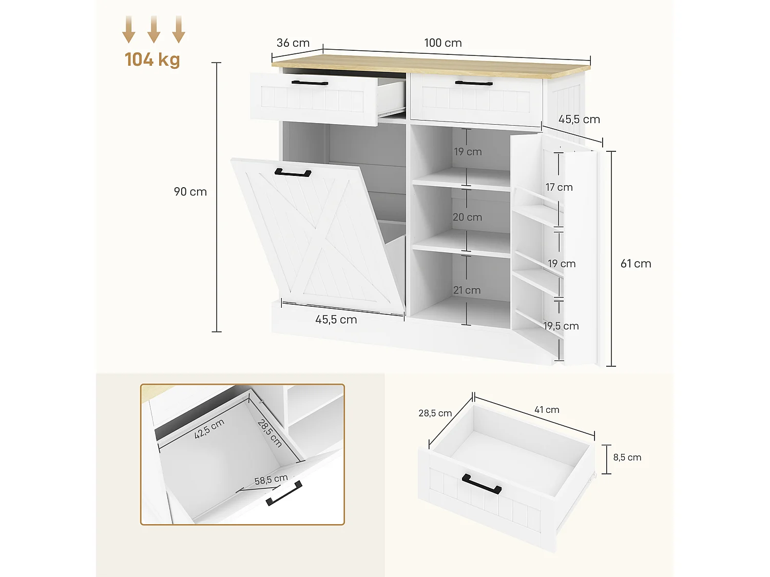 Buffet cuisine meuble poubelle 38L - porte, 2 étagères, 2 tiroirs, porte-épices - blanc effet bois clair