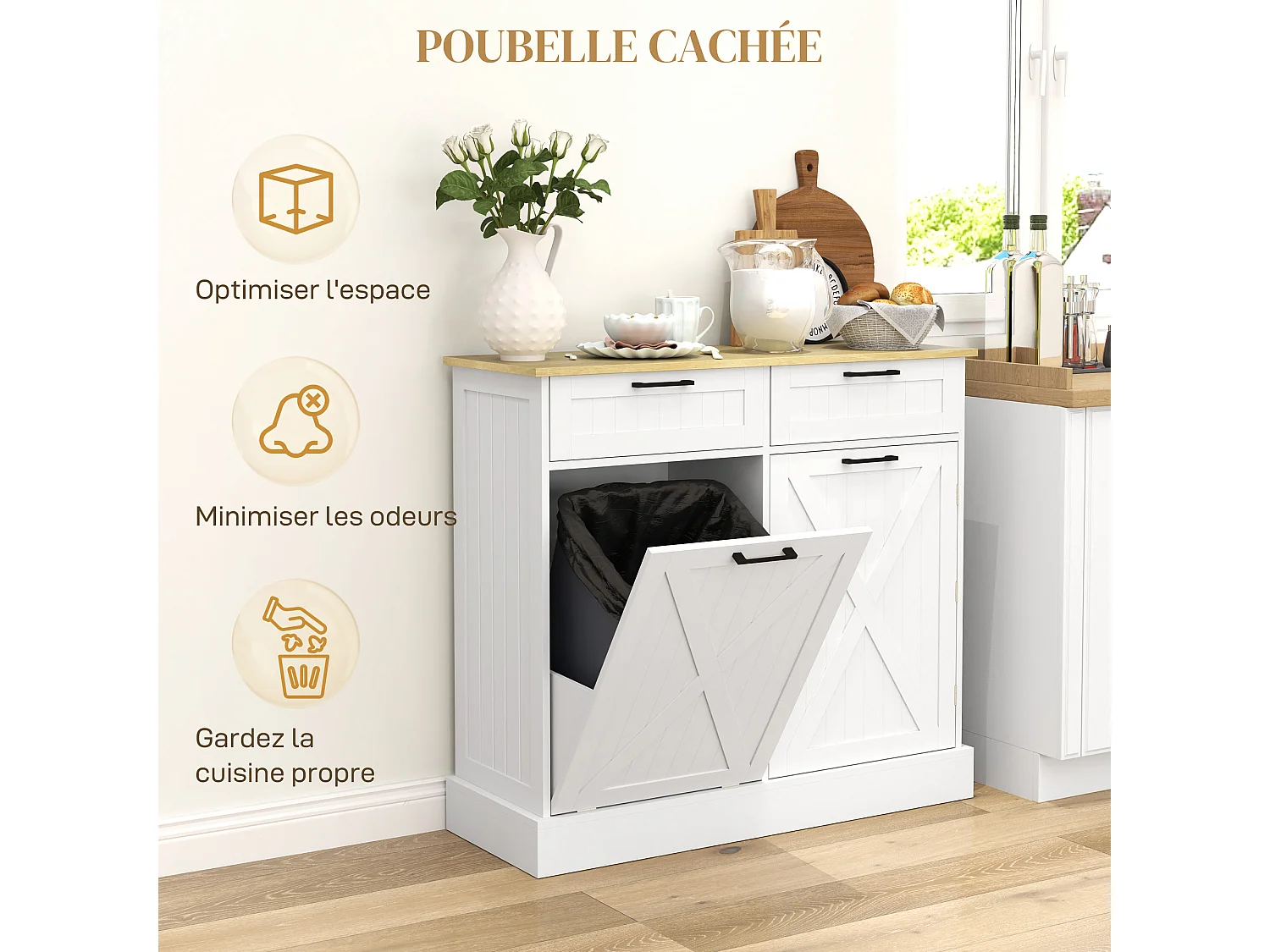 Buffet cuisine meuble poubelle 38L - porte, 2 étagères, 2 tiroirs, porte-épices - blanc effet bois clair