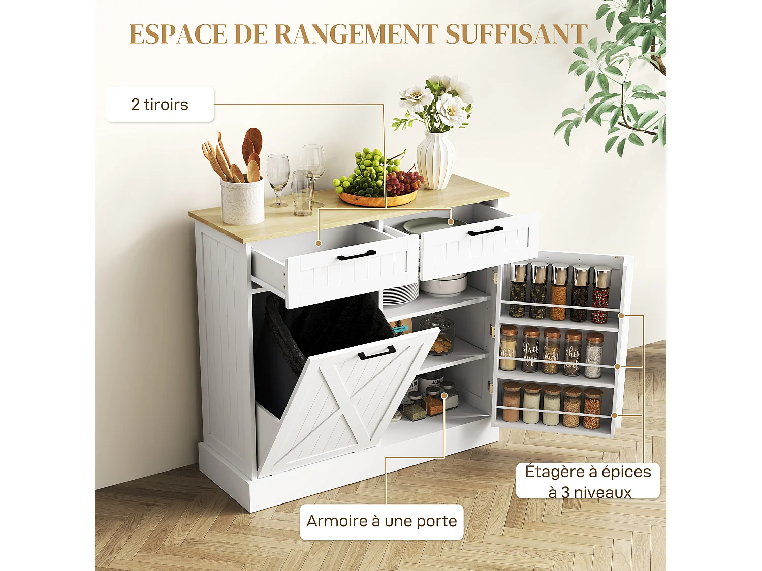 Buffet cuisine meuble poubelle 38L - porte, 2 étagères, 2 tiroirs, porte-épices - blanc effet bois clair