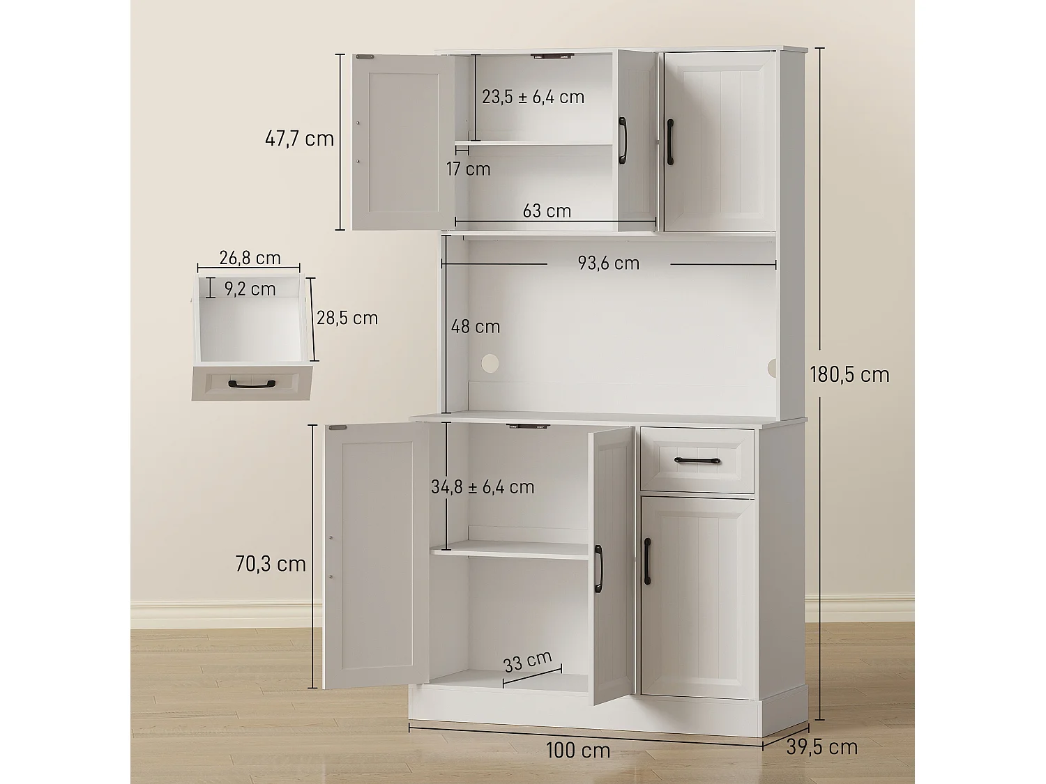 Buffet haut de cuisine 6 portes 4 étagères tiroir grande niche blanc noir