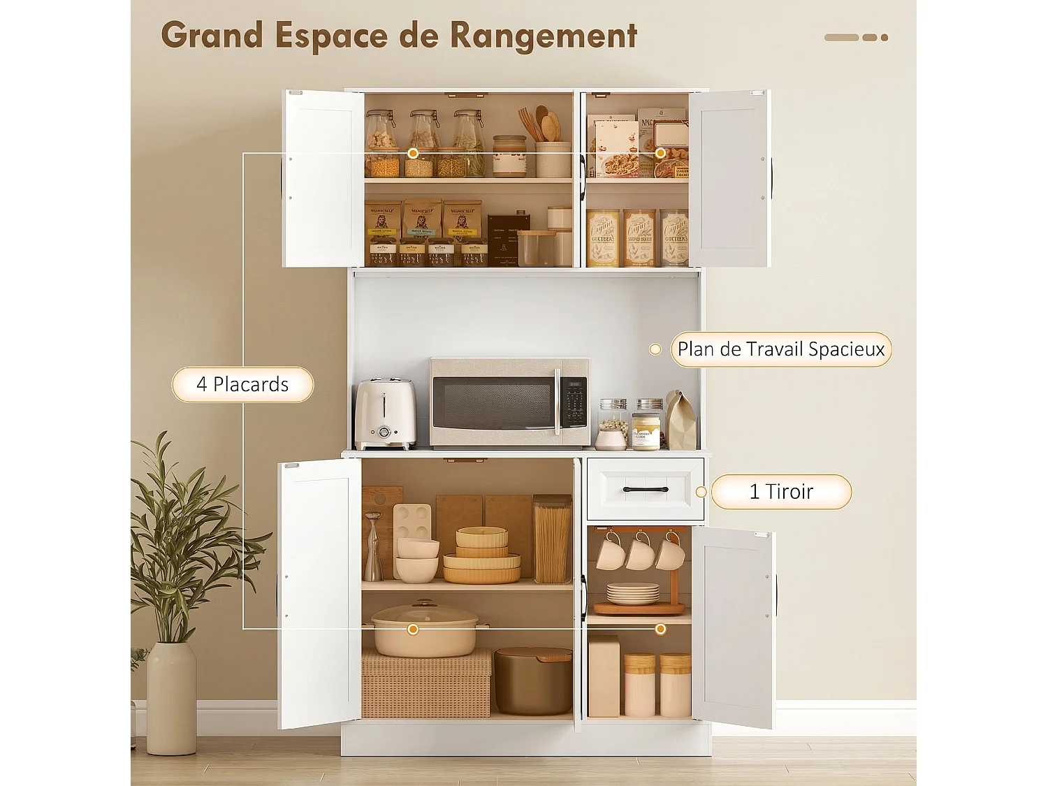Buffet haut de cuisine 6 portes 4 étagères tiroir grande niche blanc noir