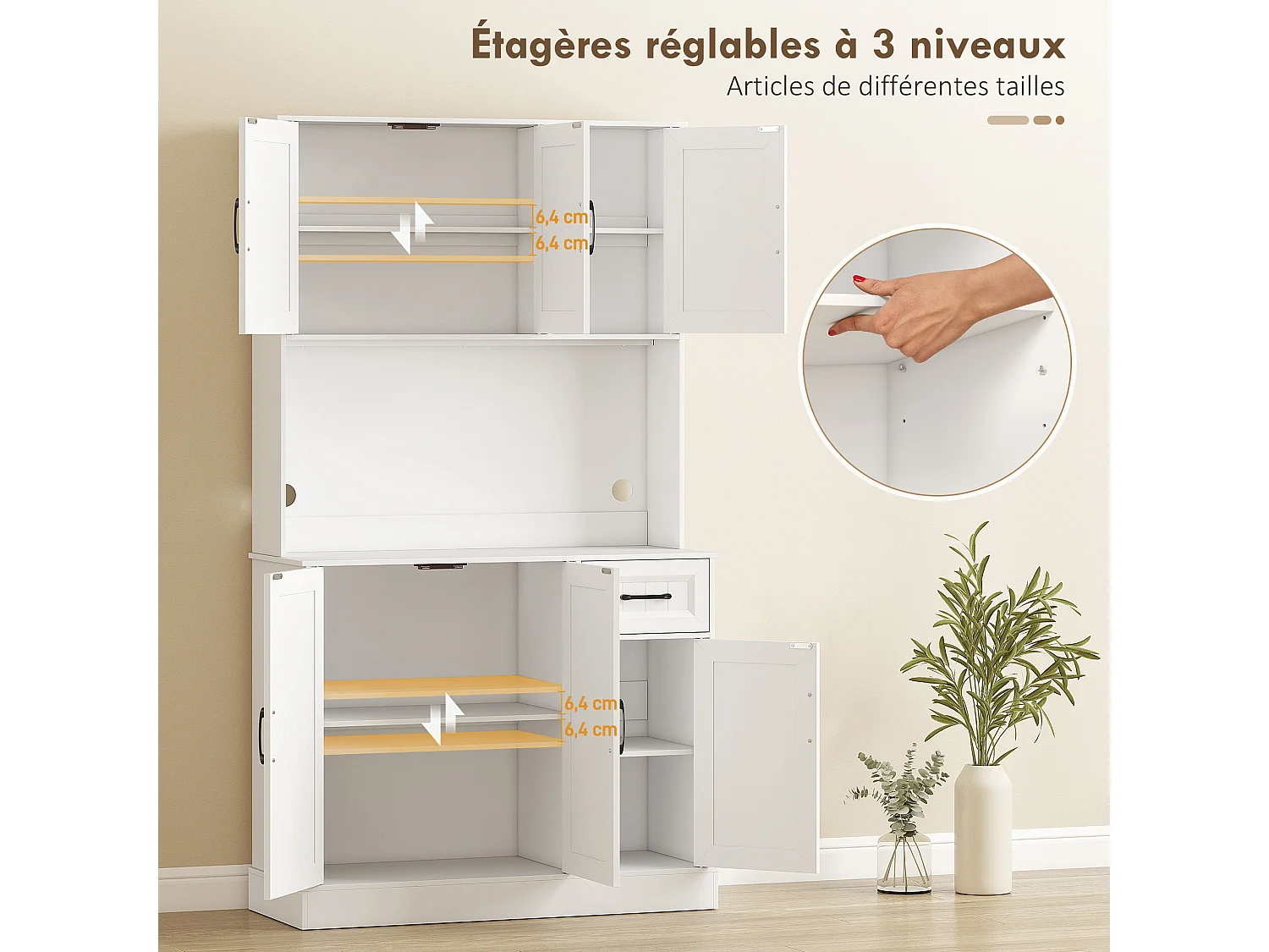 Buffet haut de cuisine 6 portes 4 étagères tiroir grande niche blanc noir