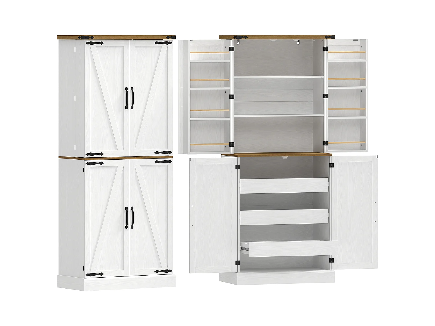 Armoire de cuisine 4 portes 3 tiroirs coulissants 2+8 étagères effet bois blanc