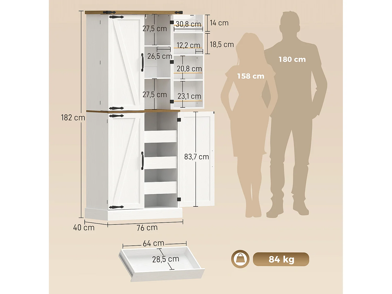 Armoire de cuisine 4 portes 3 tiroirs coulissants 2+8 étagères effet bois blanc