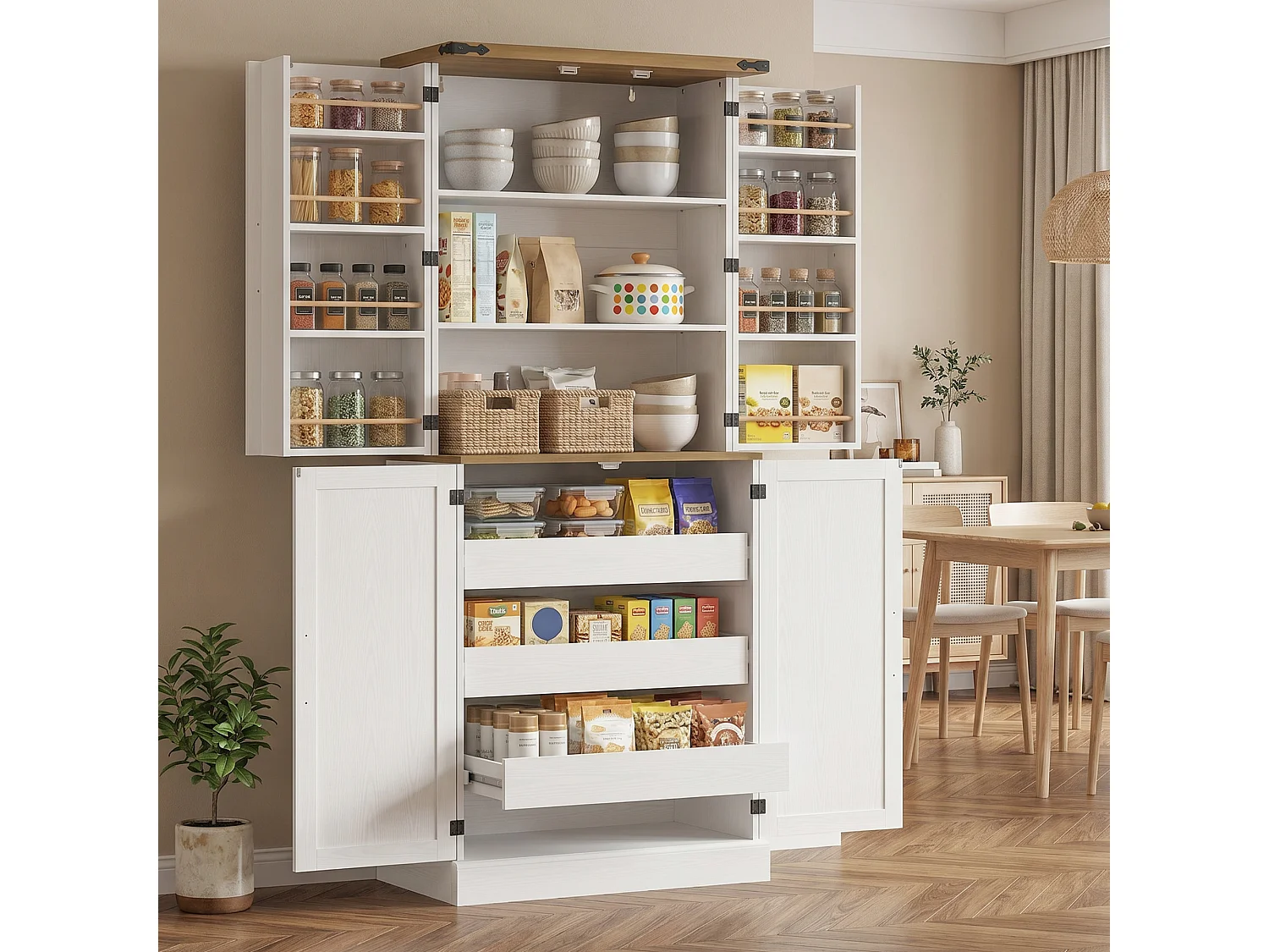 Armoire de cuisine 4 portes 3 tiroirs coulissants 2+8 étagères effet bois blanc