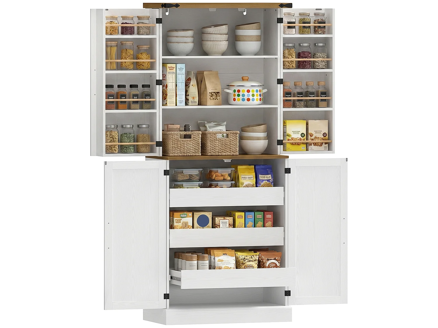 Armoire de cuisine 4 portes 3 tiroirs coulissants 2+8 étagères effet bois blanc