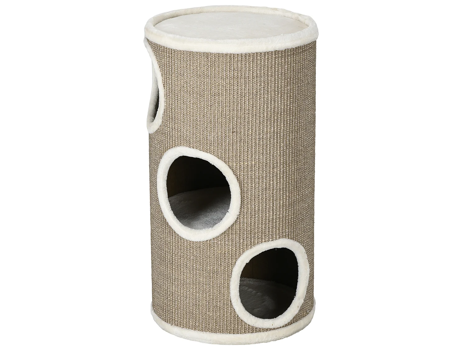 Arbre à chat cylindrique - tour à griffer pour chat - tonneau griffoir - 3 niveaux + plateforme - sisal peluche brun clair